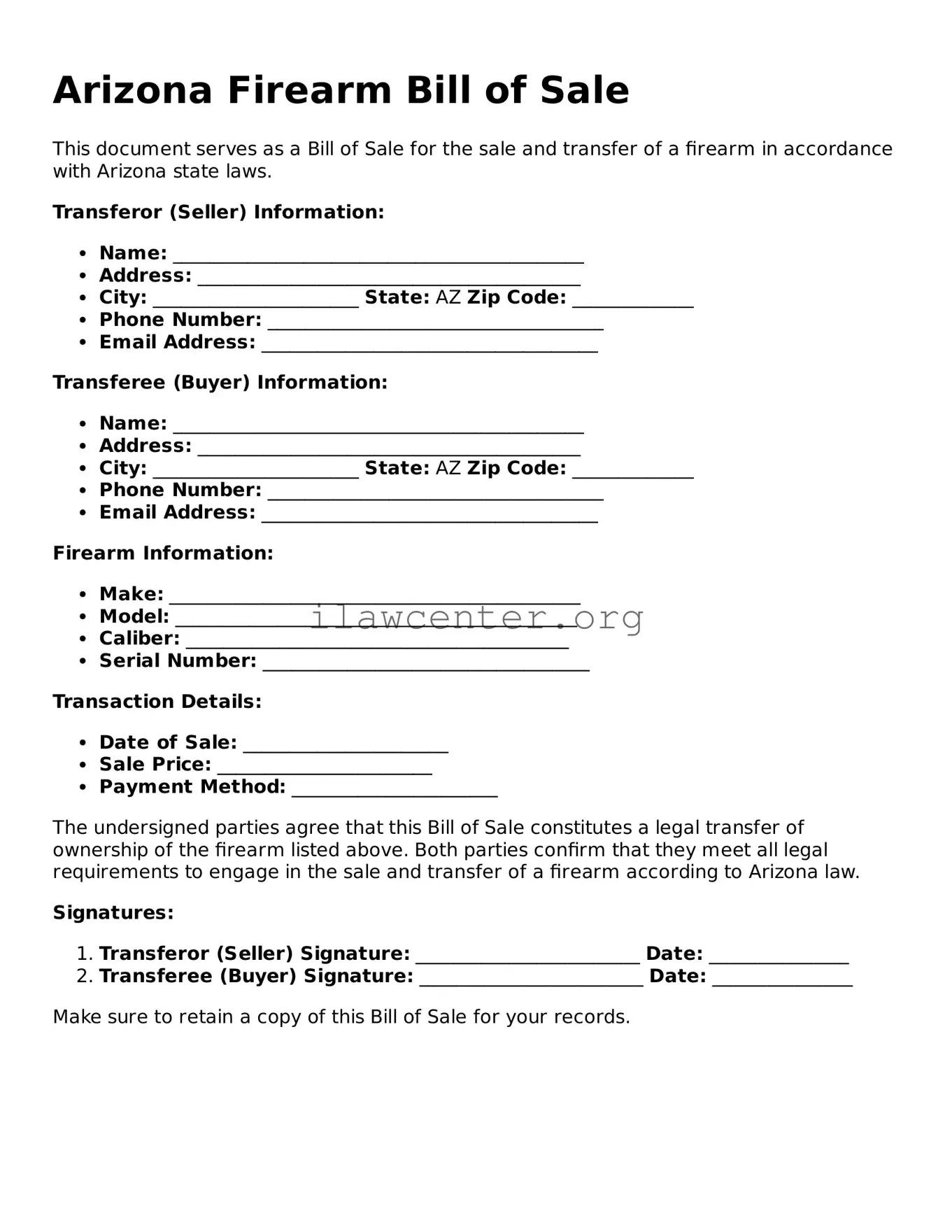 Attorney-Verified  Firearm Bill of Sale Document for Arizona