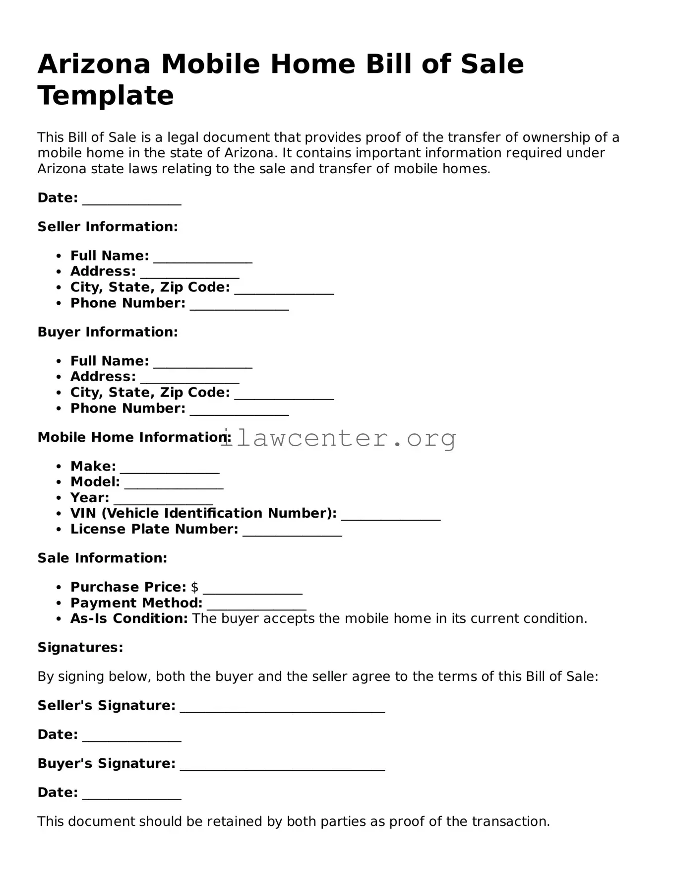 Attorney-Verified  Mobile Home Bill of Sale Document for Arizona
