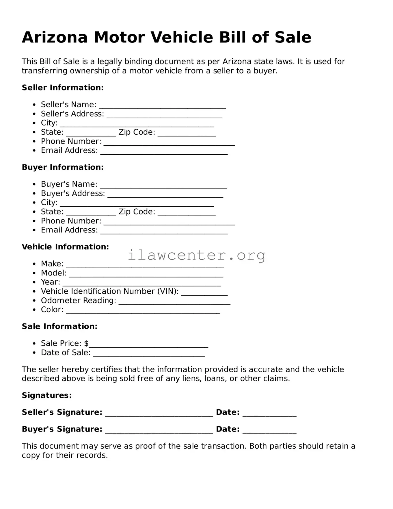 Attorney-Verified  Motor Vehicle Bill of Sale Document for Arizona