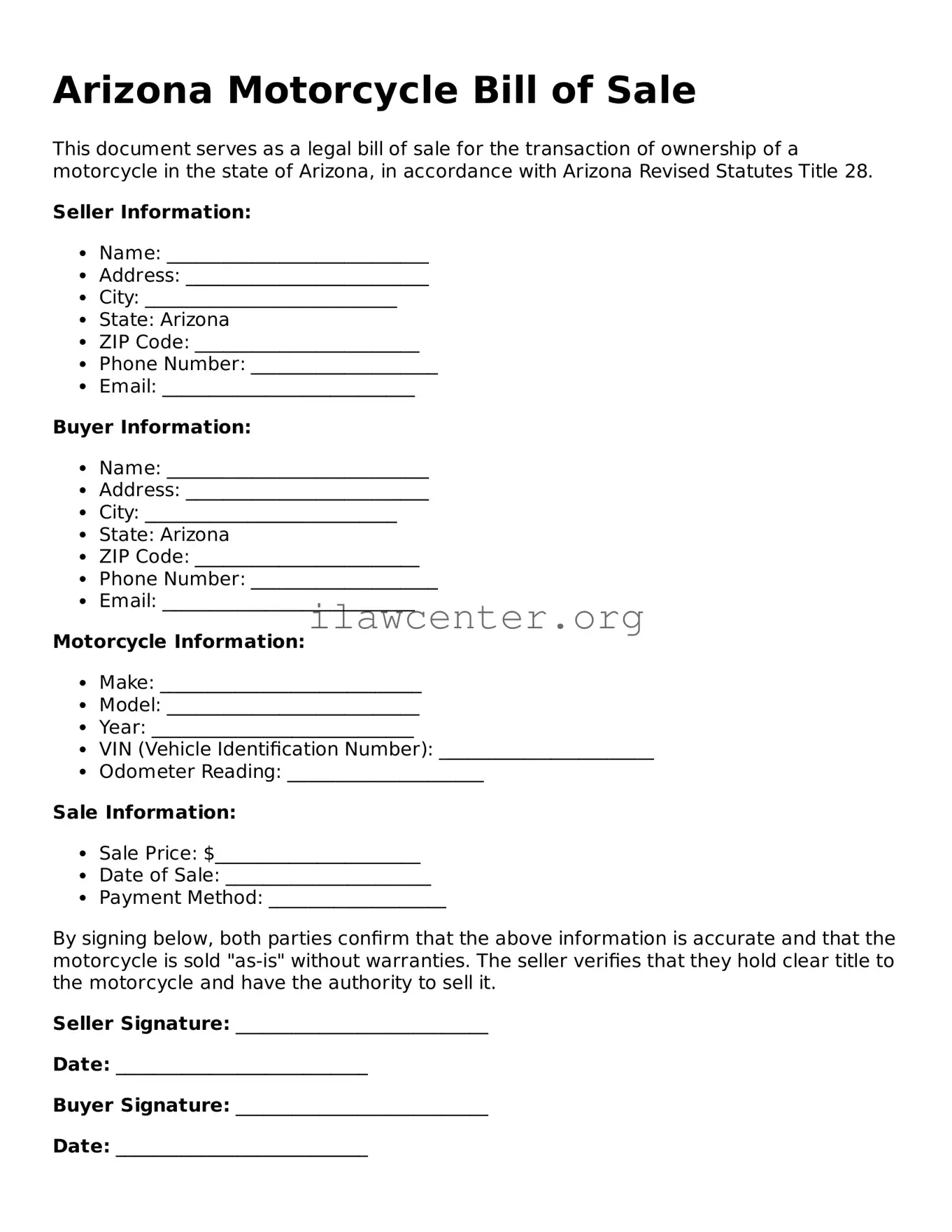 Attorney-Verified  Motorcycle Bill of Sale Document for Arizona