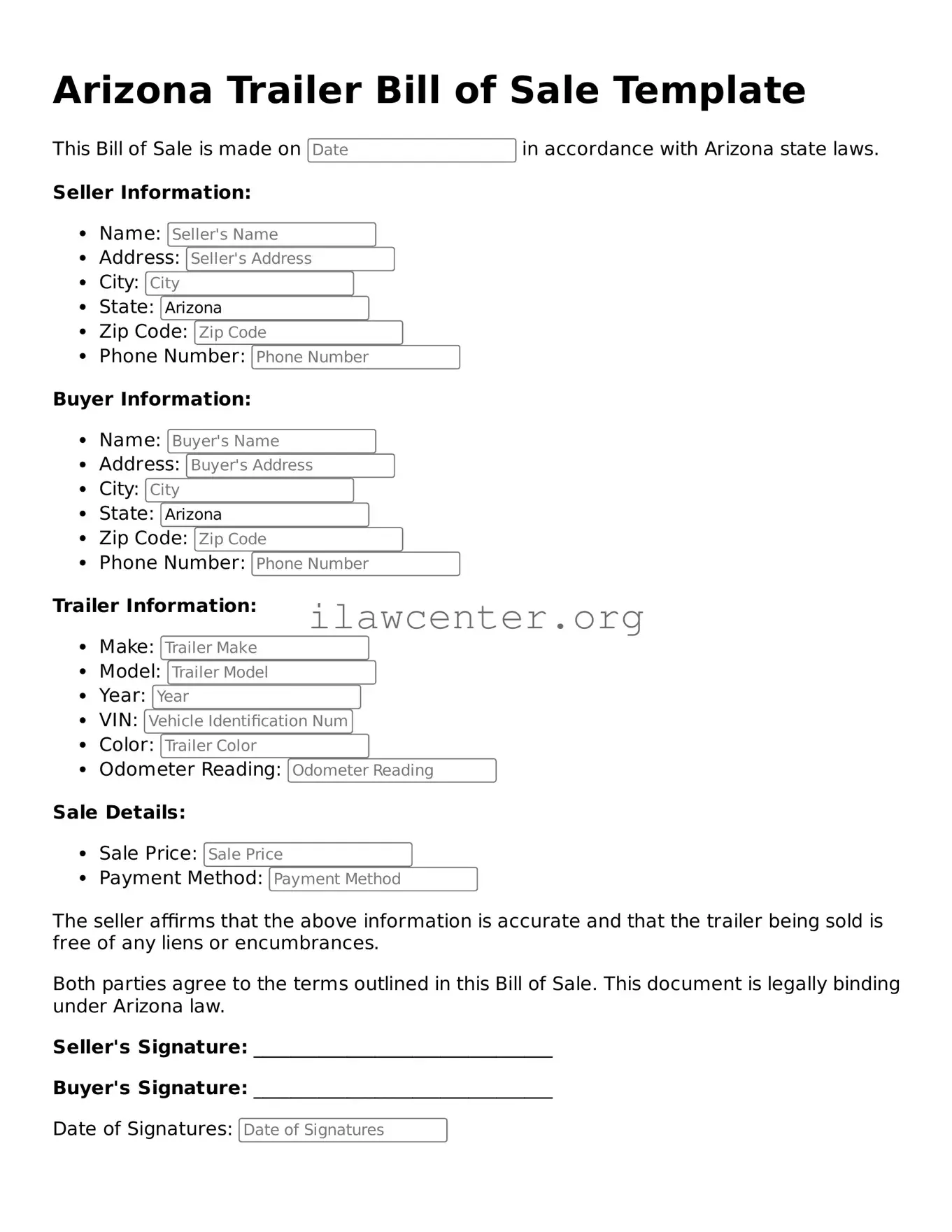 Attorney-Verified  Trailer Bill of Sale Document for Arizona