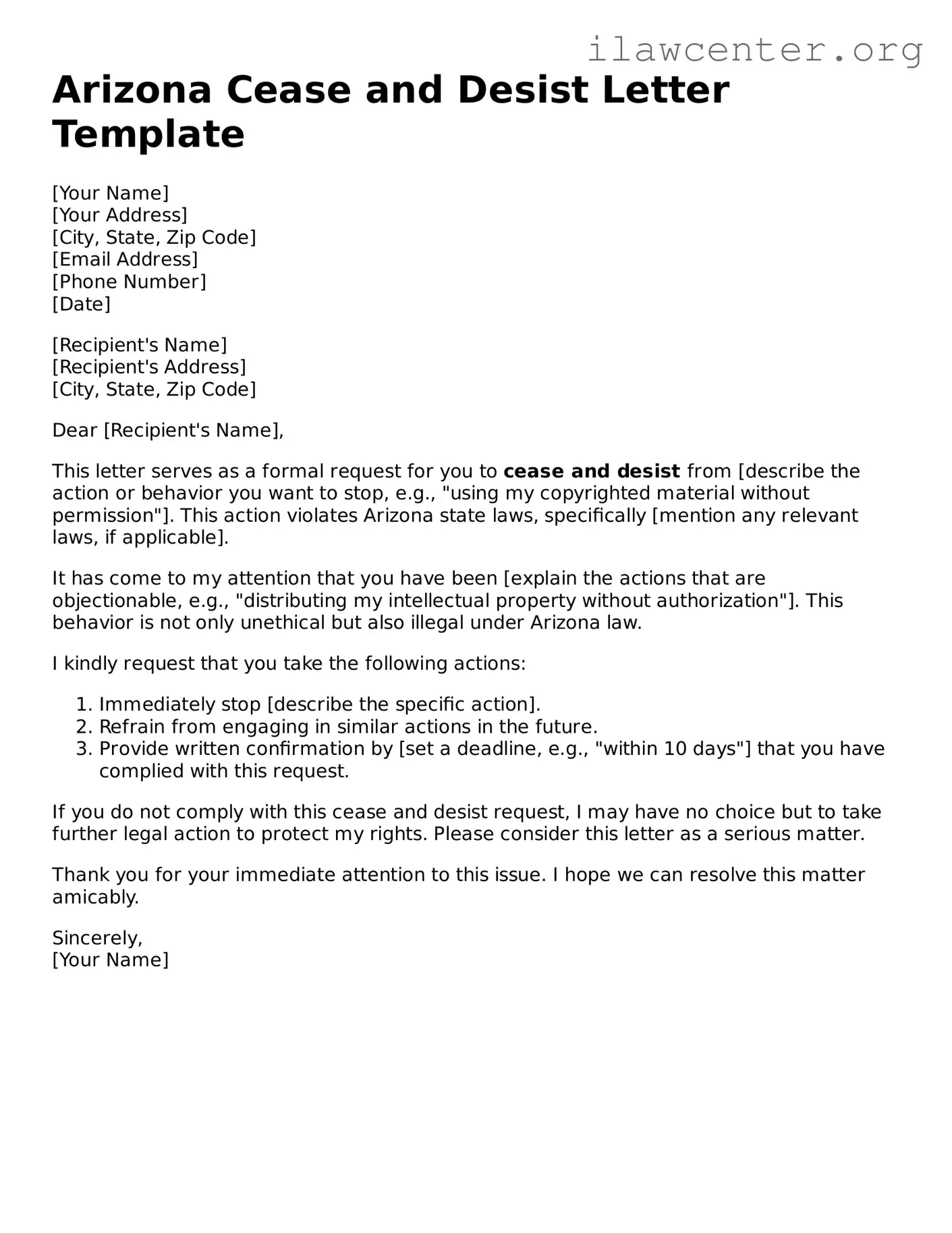 Attorney-Verified  Cease and Desist Letter Document for Arizona