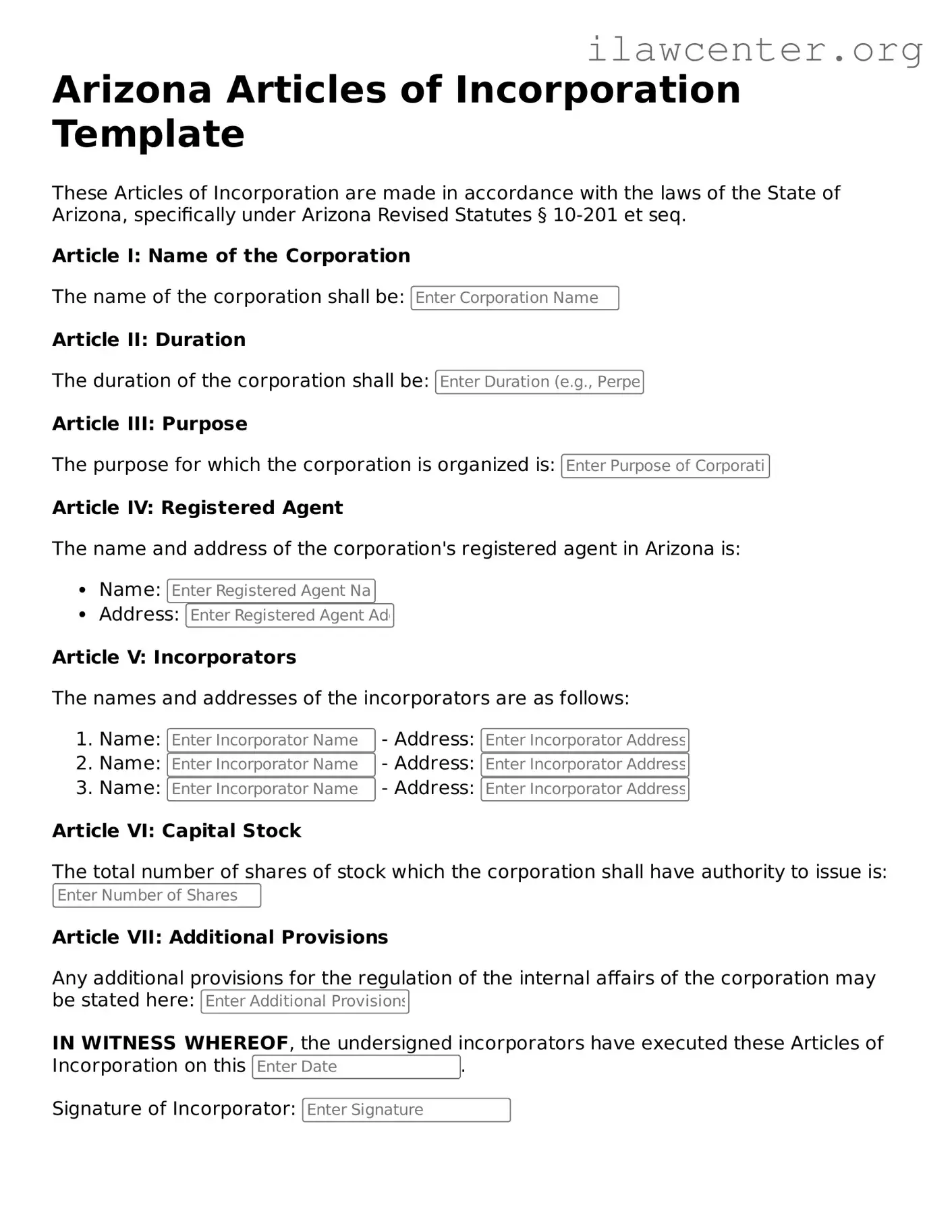 Attorney-Verified  Articles of Incorporation Document for Arizona