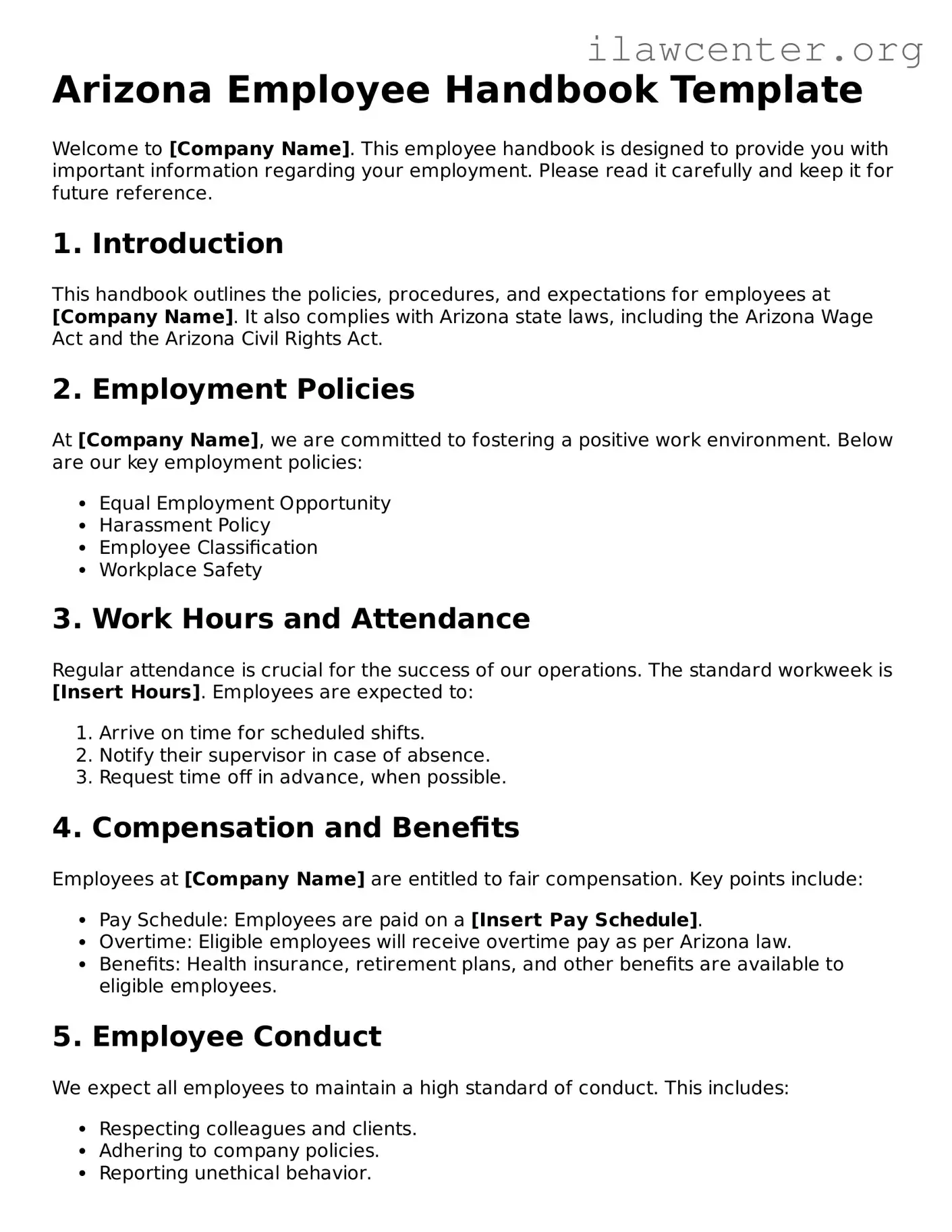 Attorney-Verified  Employee Handbook Document for Arizona