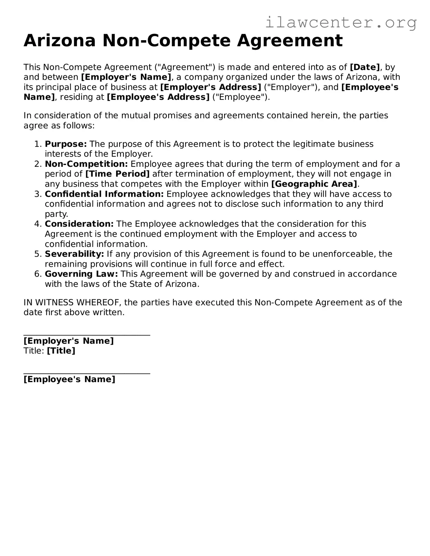 Attorney-Verified  Non-compete Agreement Document for Arizona