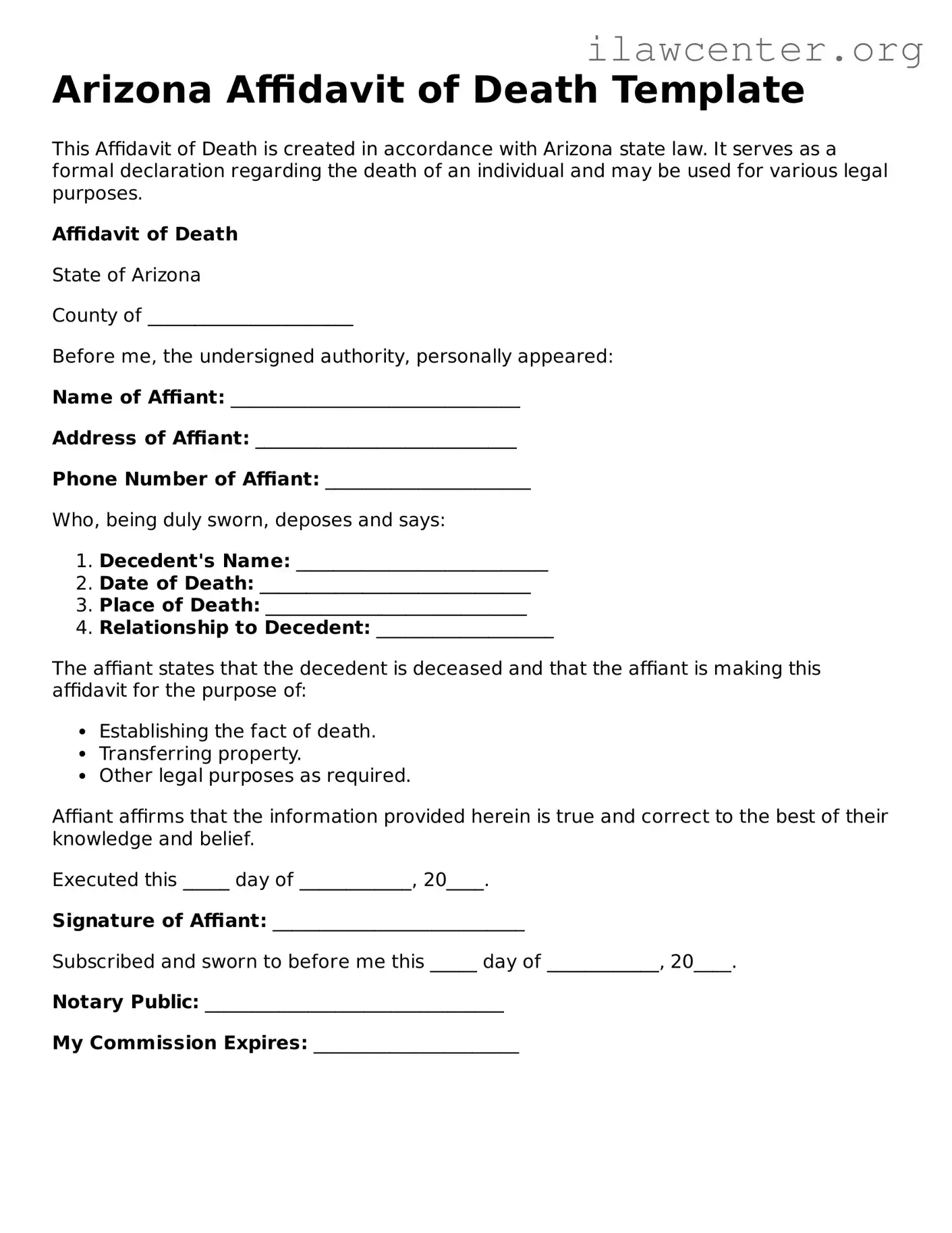 Attorney-Verified  Affidavit of Death Document for Arizona