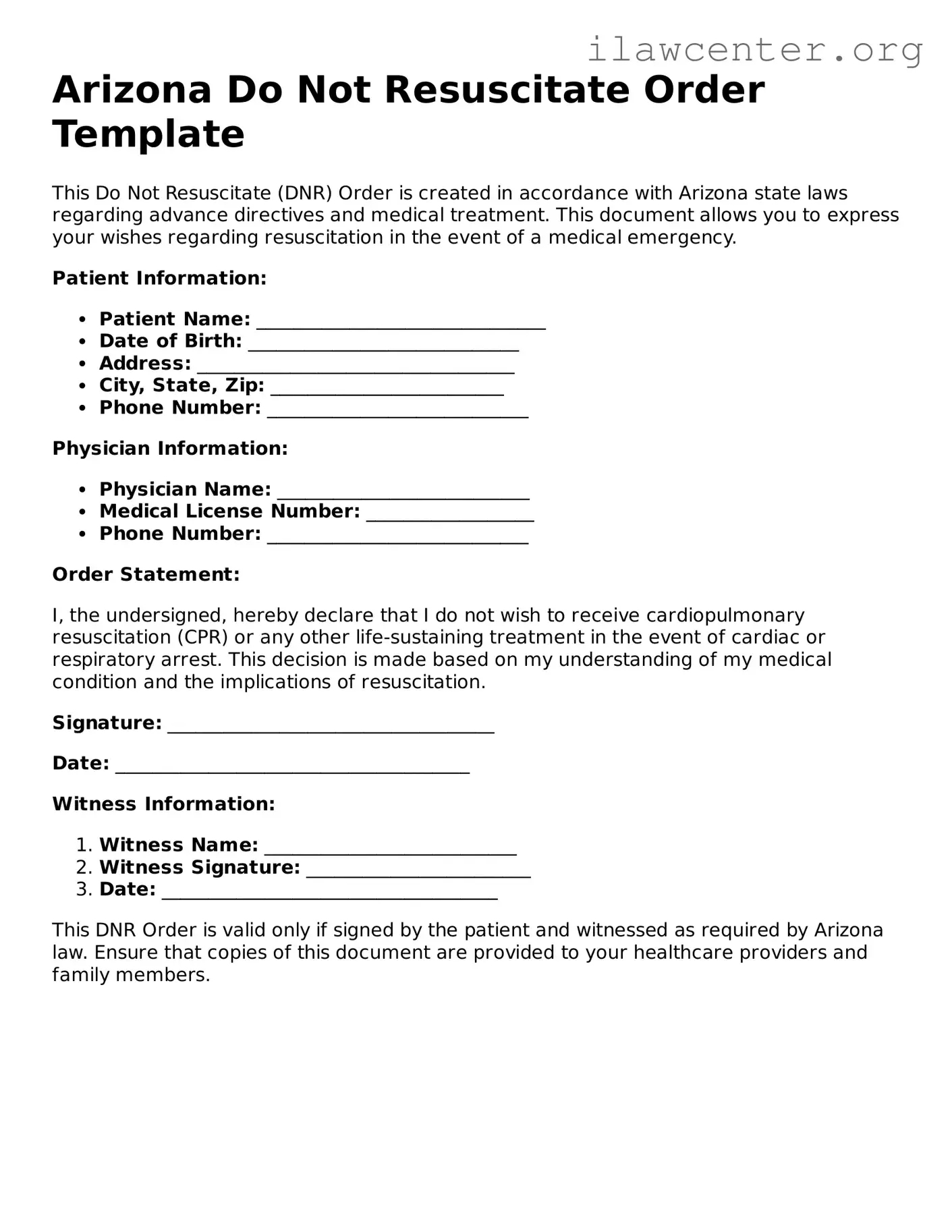 Attorney-Verified  Do Not Resuscitate Order Document for Arizona