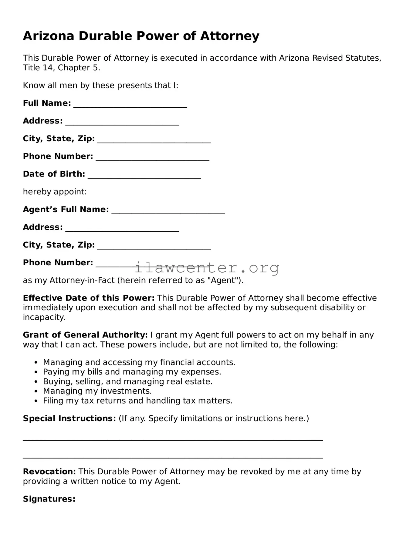 Attorney-Verified  Durable Power of Attorney Document for Arizona