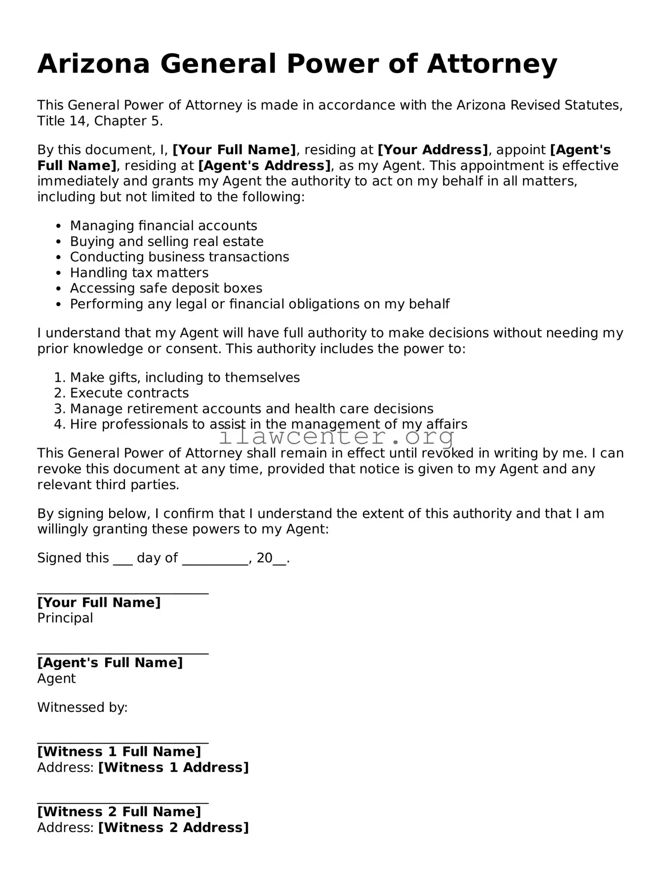 Attorney-Verified  General Power of Attorney Document for Arizona