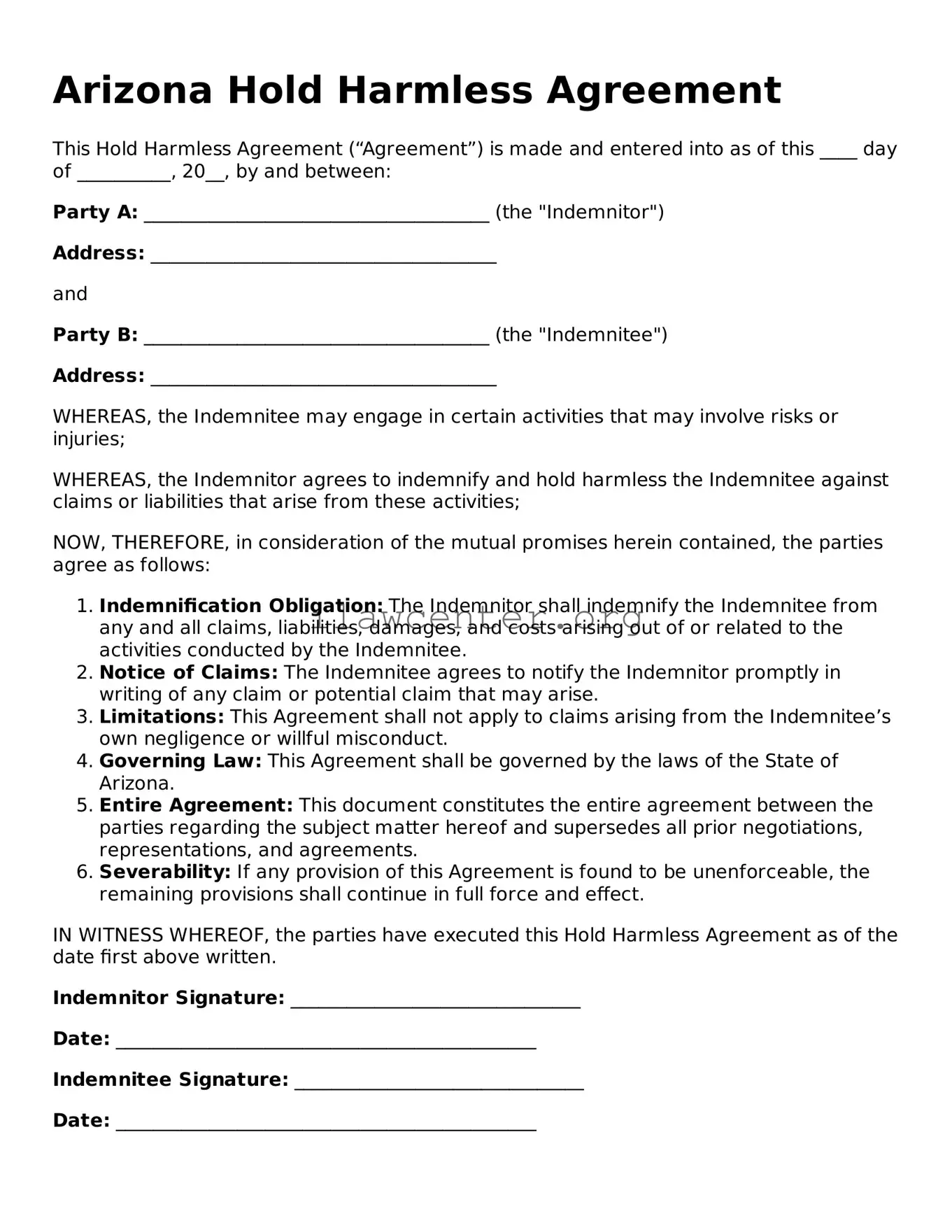 Attorney-Verified  Hold Harmless Agreement Document for Arizona