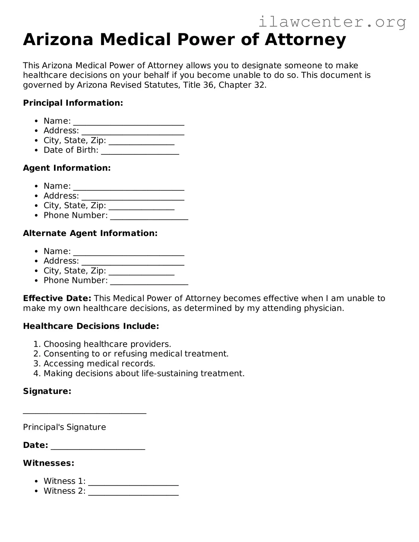 Attorney-Verified  Medical Power of Attorney Document for Arizona