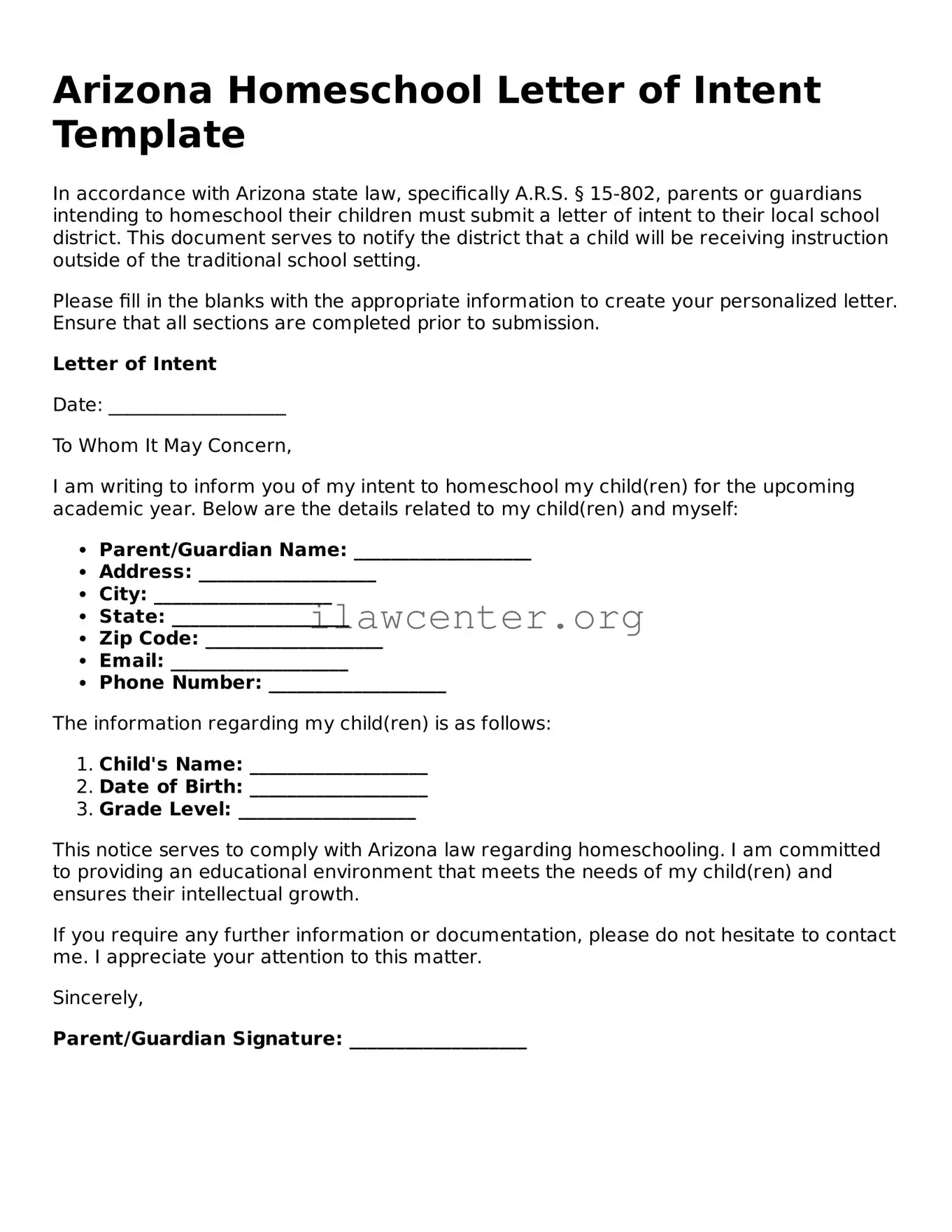 Attorney-Verified  Homeschool Letter of Intent Document for Arizona