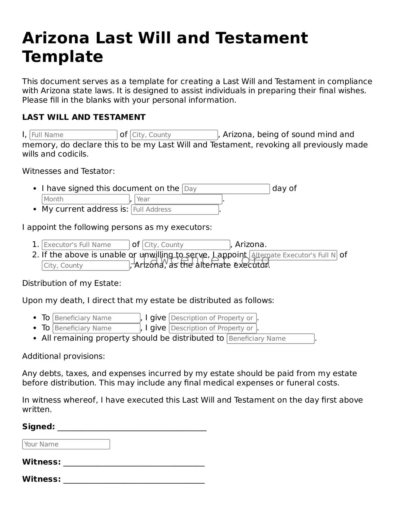 Attorney-Verified  Last Will and Testament Document for Arizona