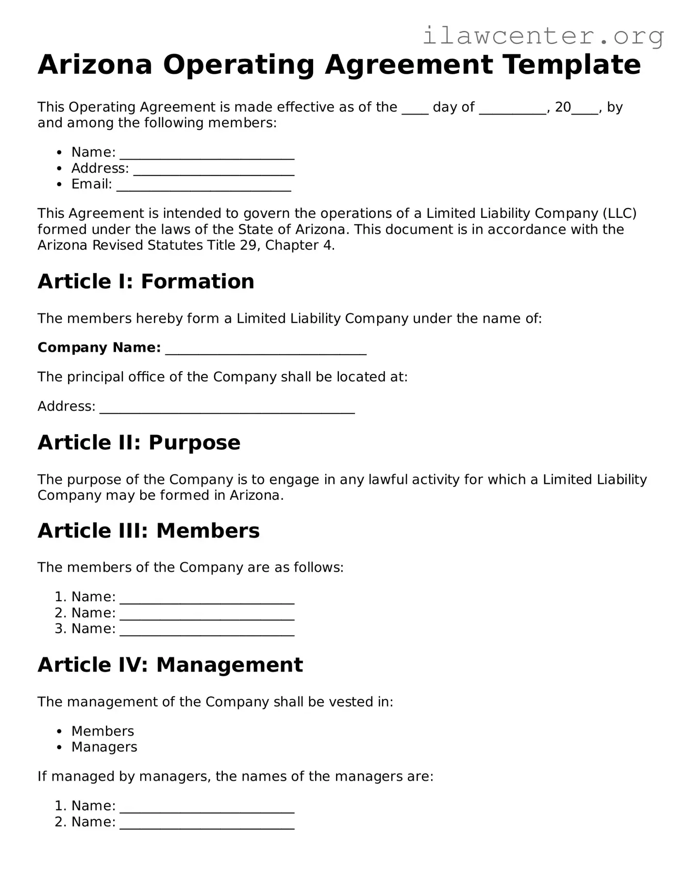 Attorney-Verified  Operating Agreement Document for Arizona