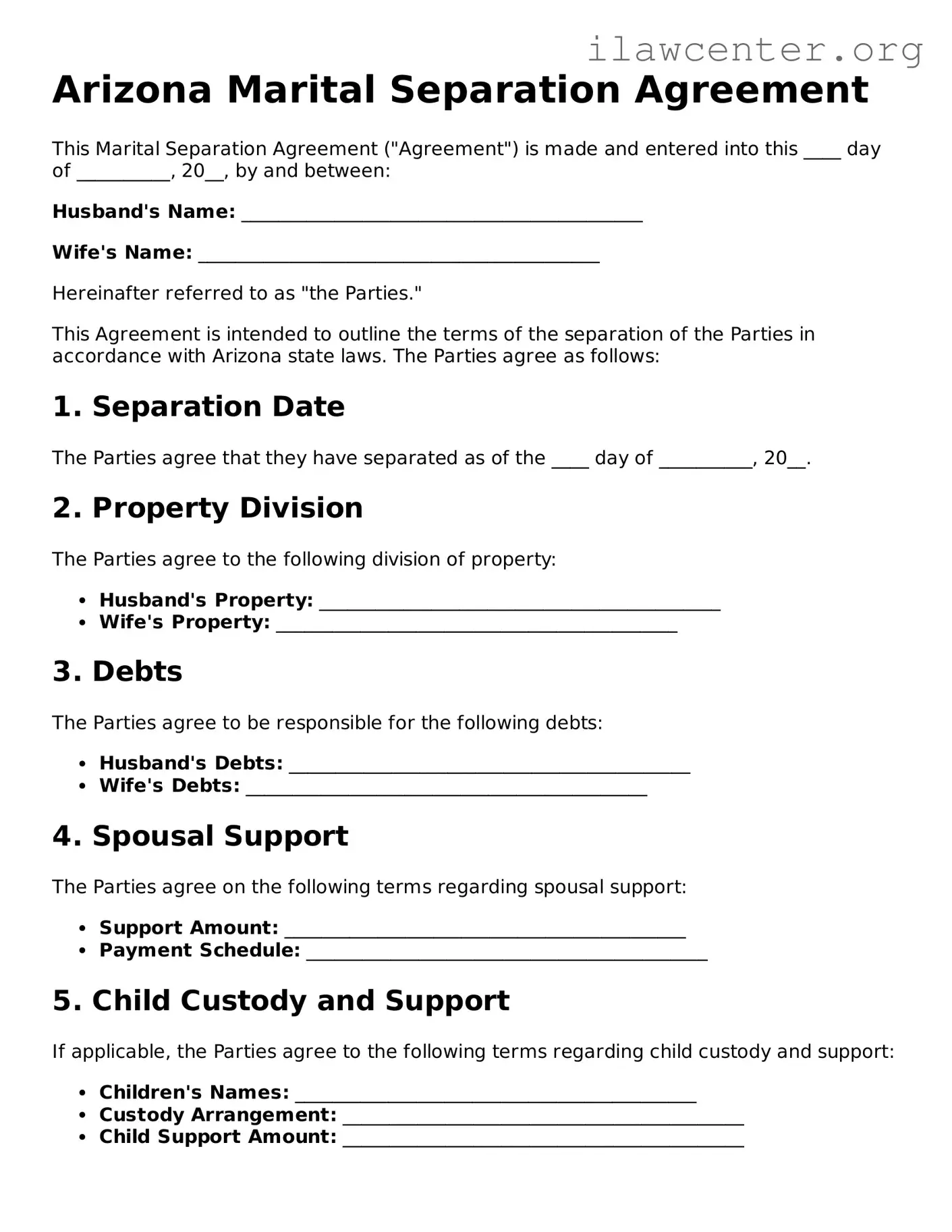 Attorney-Verified  Marital Separation Agreement Document for Arizona