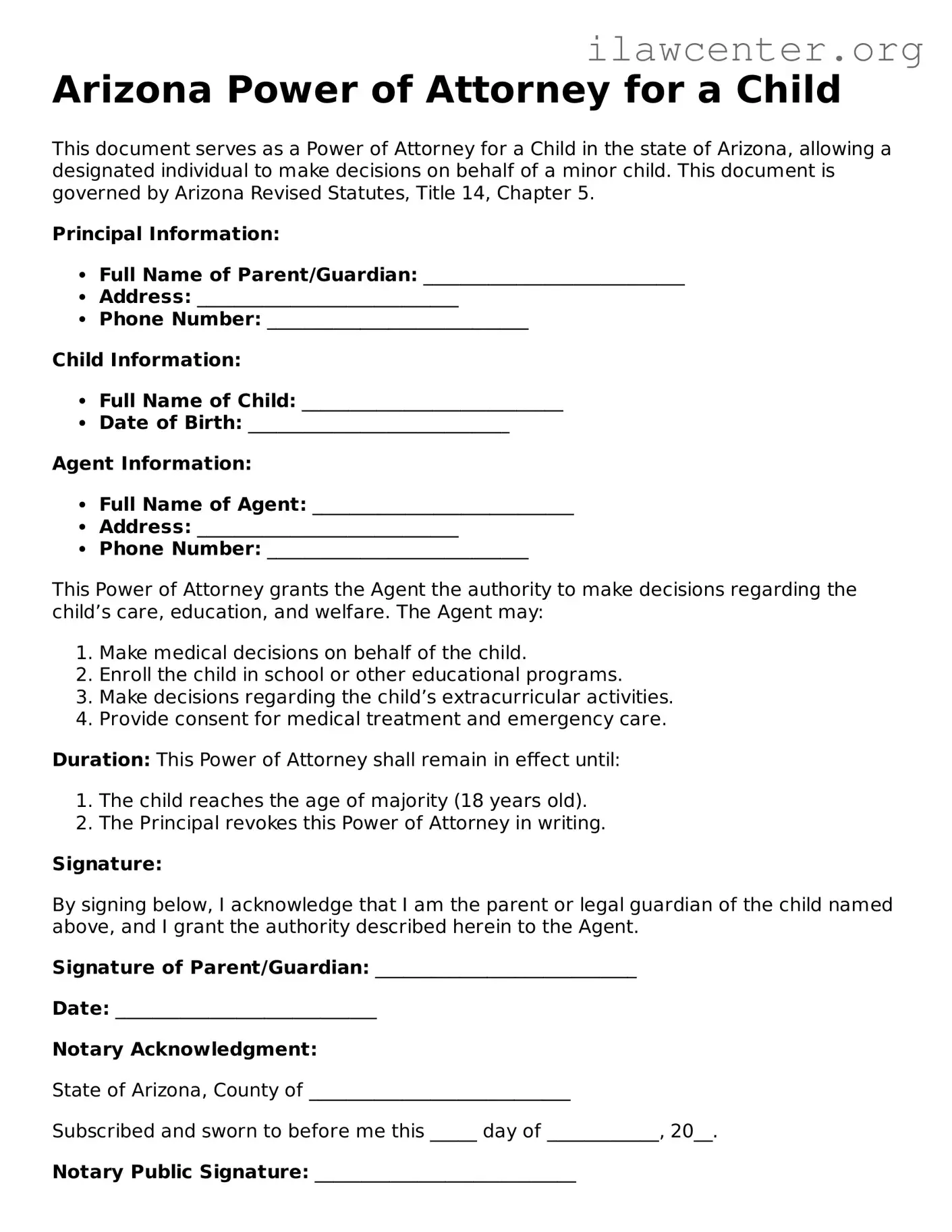 Attorney-Verified  Power of Attorney for a Child Document for Arizona