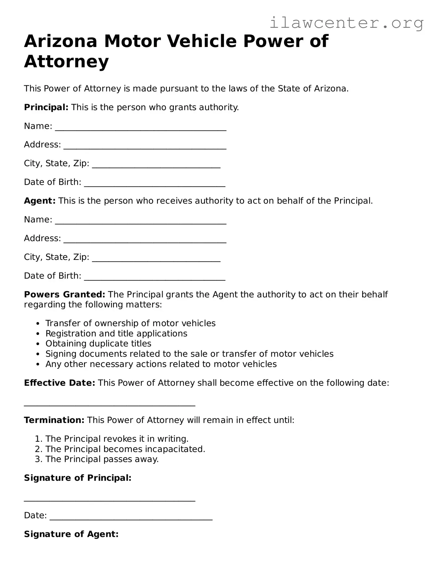 Attorney-Verified  Motor Vehicle Power of Attorney Document for Arizona