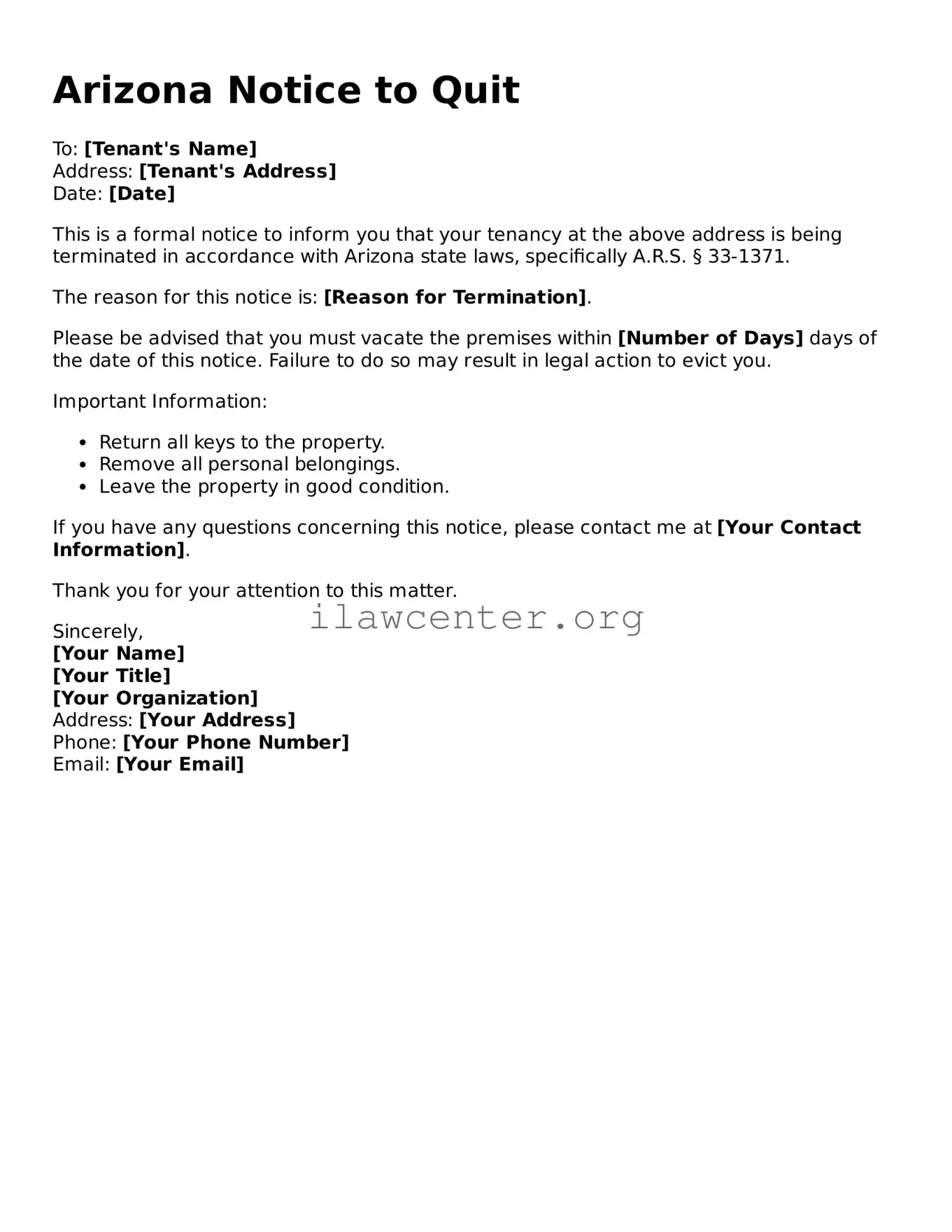 Attorney-Verified  Notice to Quit Document for Arizona