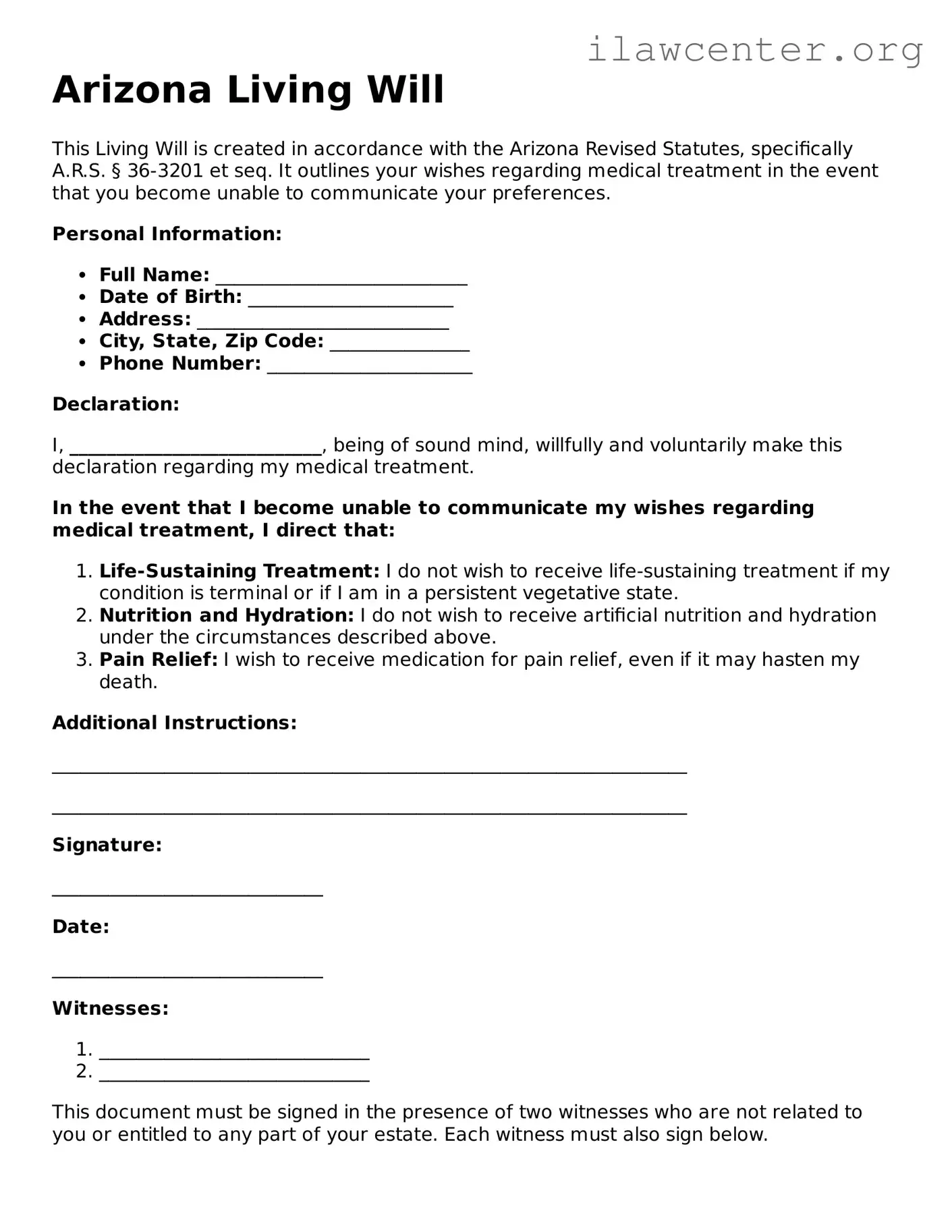 Attorney-Verified  Living Will Document for Arizona
