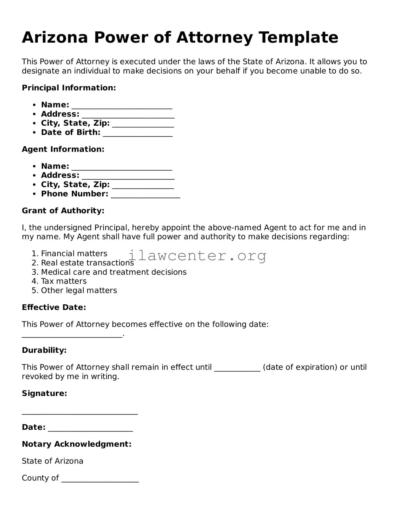 Attorney-Verified  Power of Attorney Document for Arizona