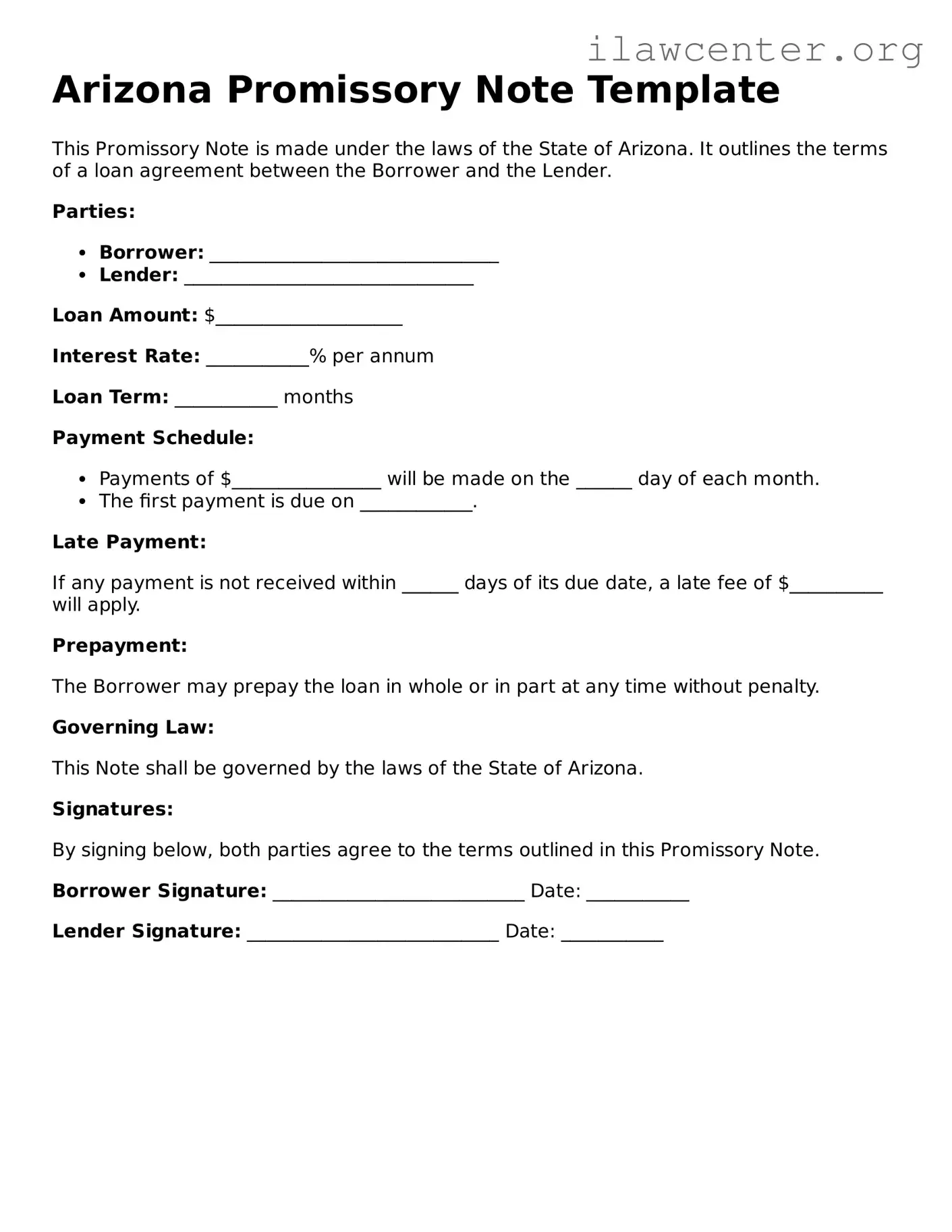 Attorney-Verified  Promissory Note Document for Arizona
