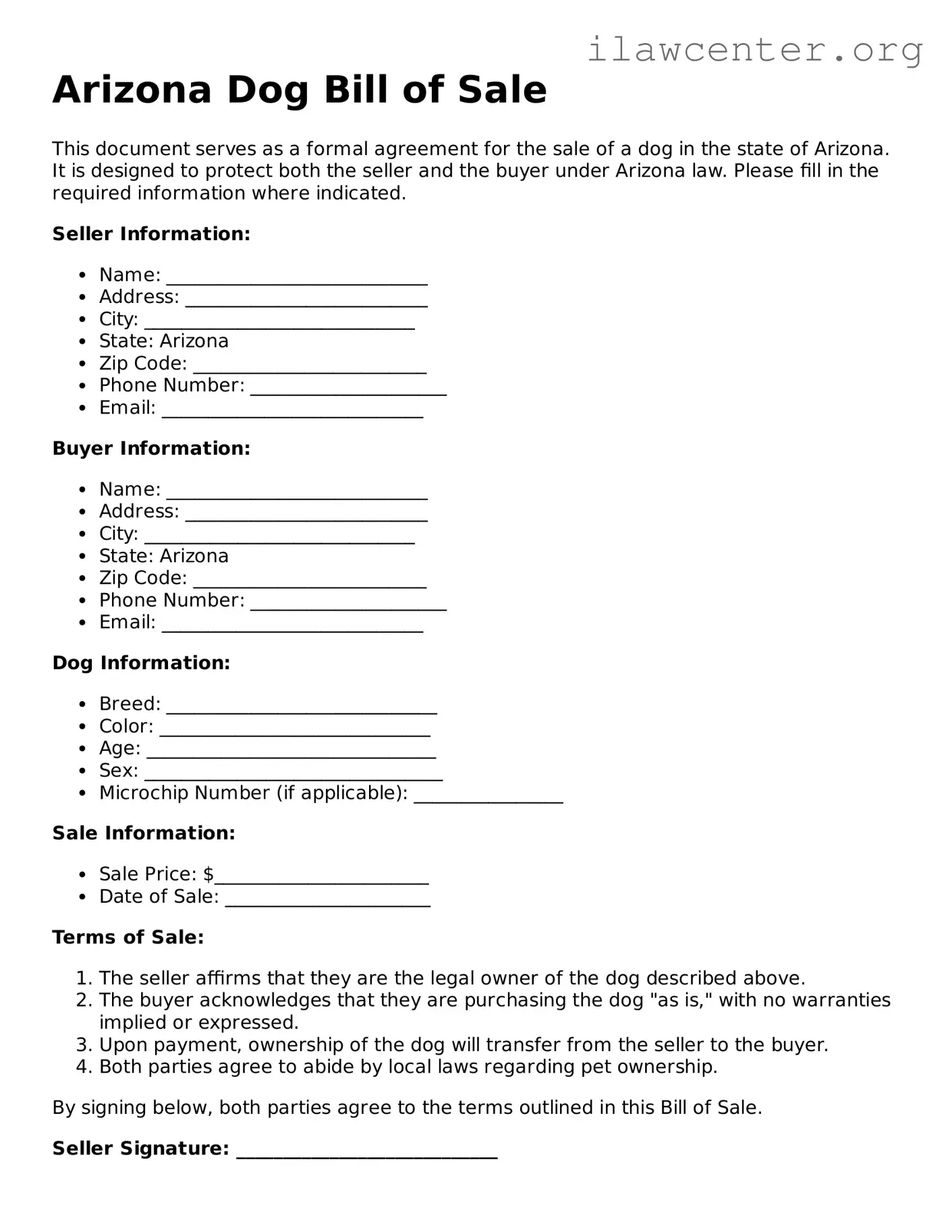 Attorney-Verified  Dog Bill of Sale Document for Arizona