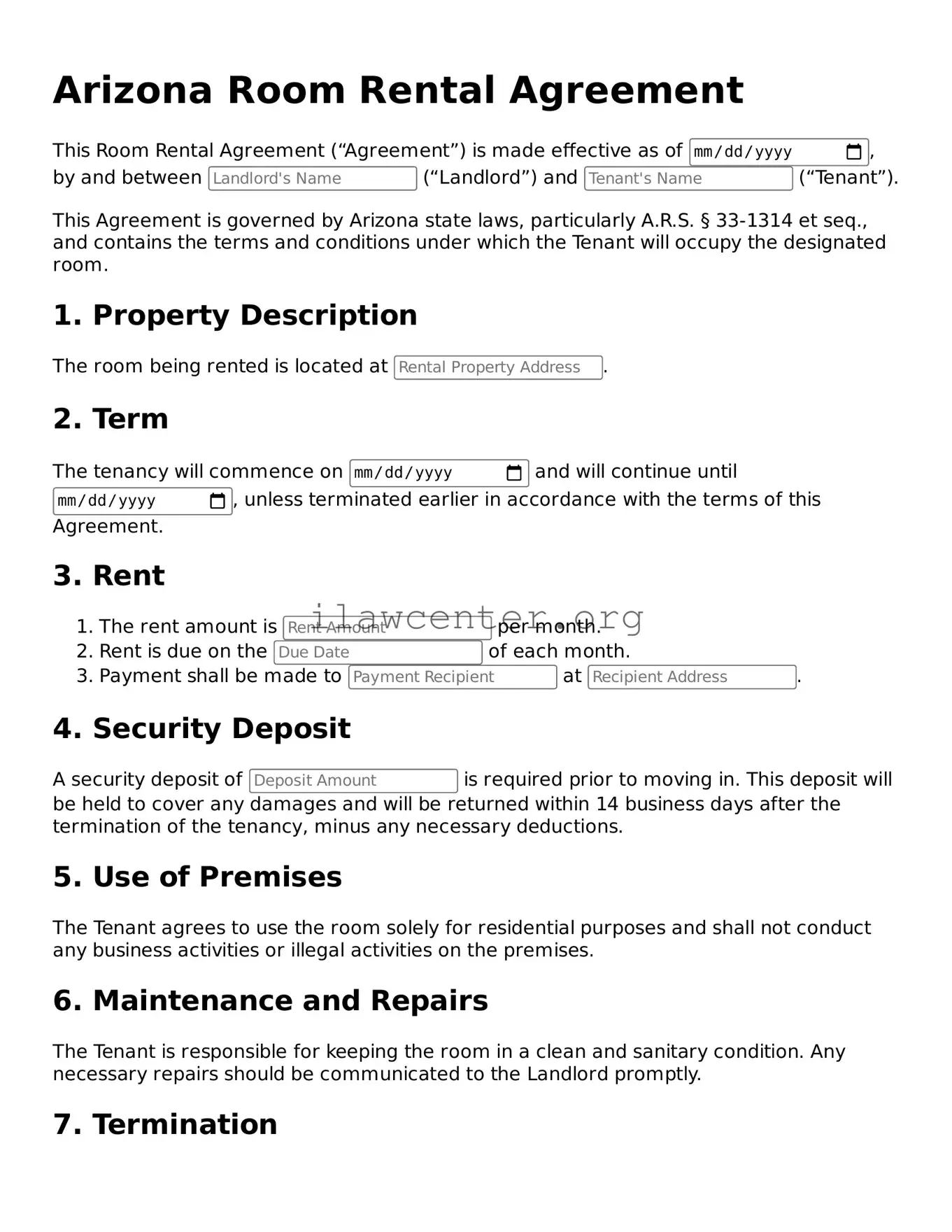 Attorney-Verified  Room Rental Agreement Document for Arizona