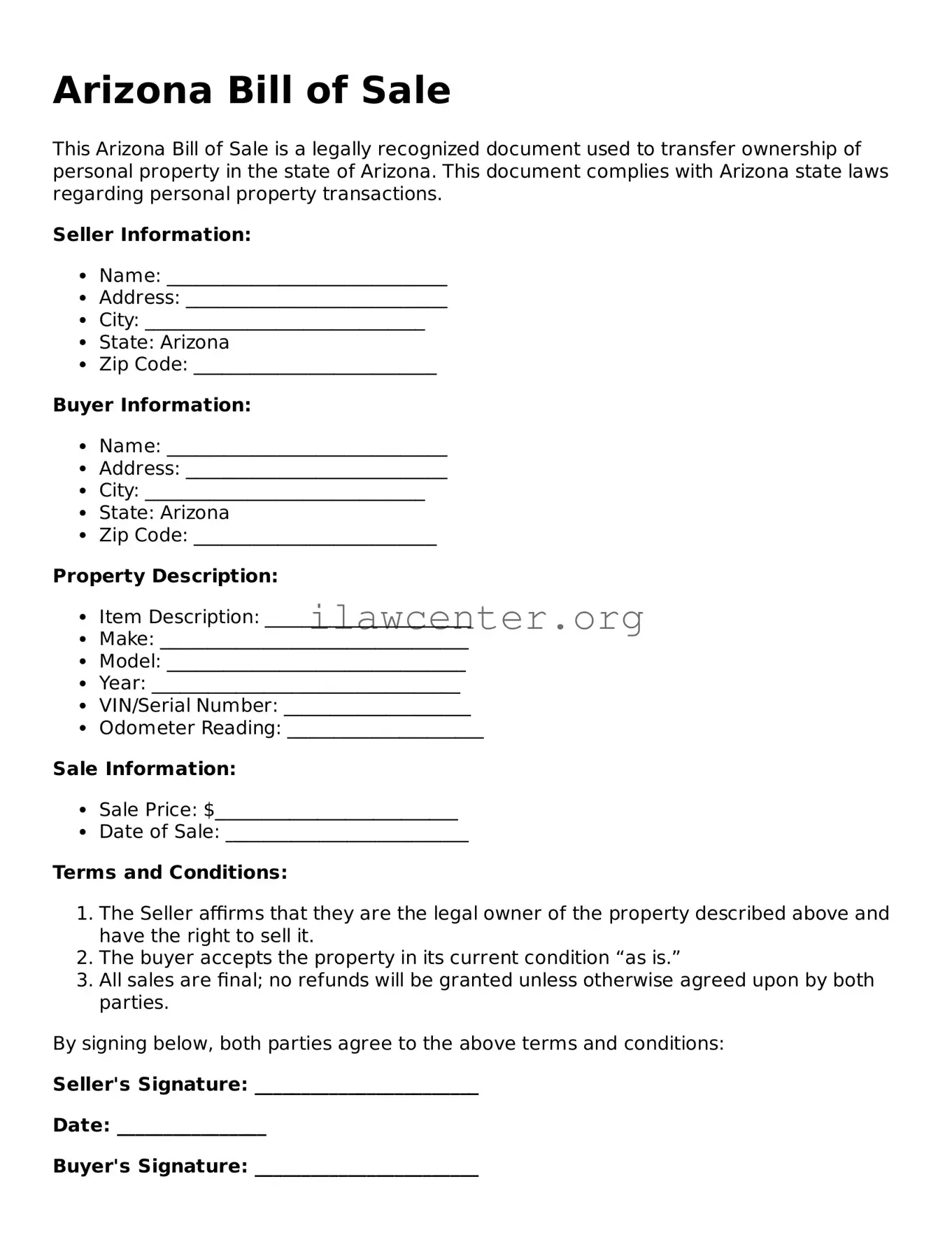 Attorney-Verified  Bill of Sale Document for Arizona