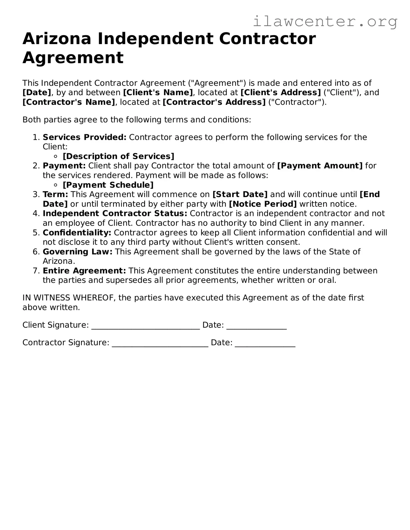 Attorney-Verified  Independent Contractor Agreement Document for Arizona