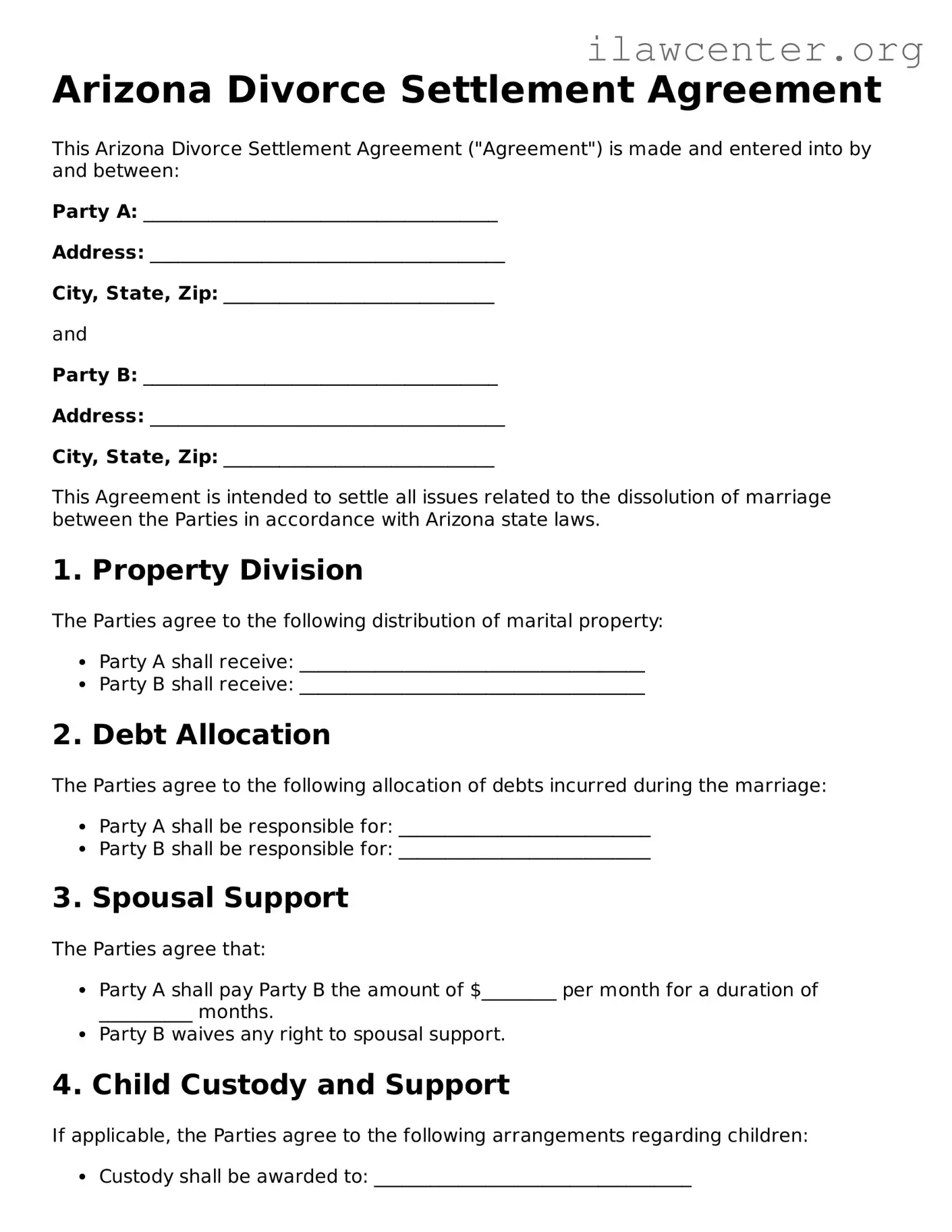 Attorney-Verified  Divorce Settlement Agreement Document for Arizona