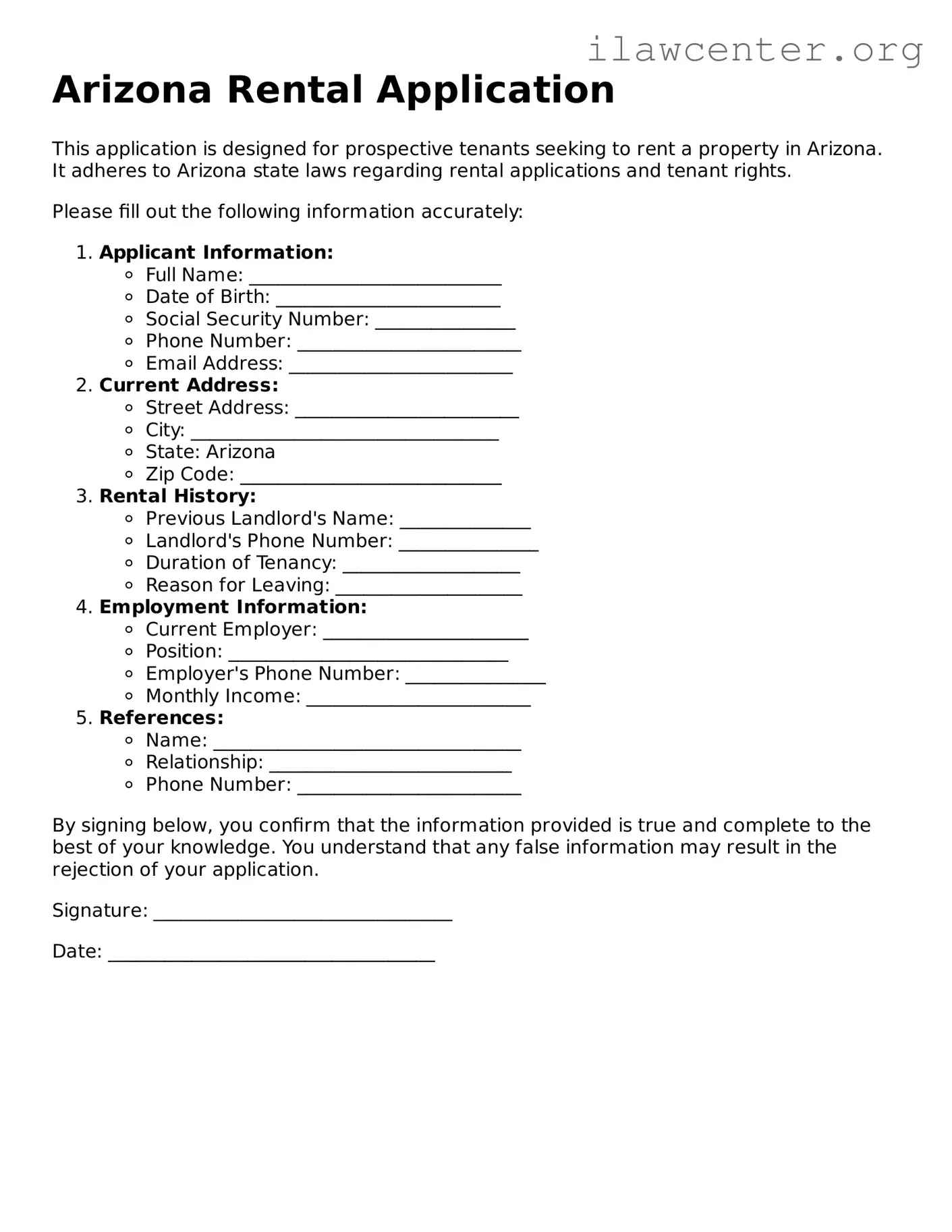 Attorney-Verified  Rental Application Document for Arizona