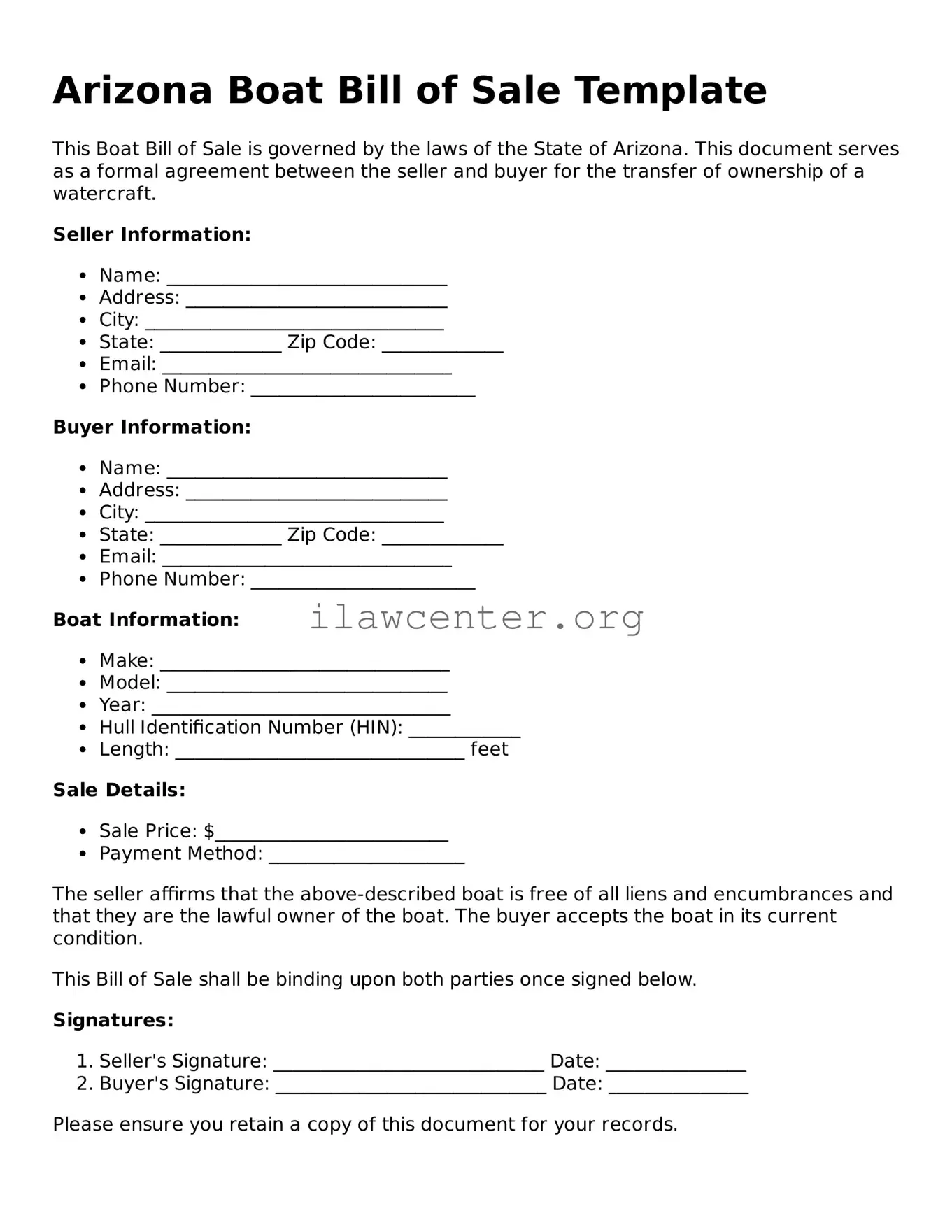 Attorney-Verified  Boat Bill of Sale Document for Arizona