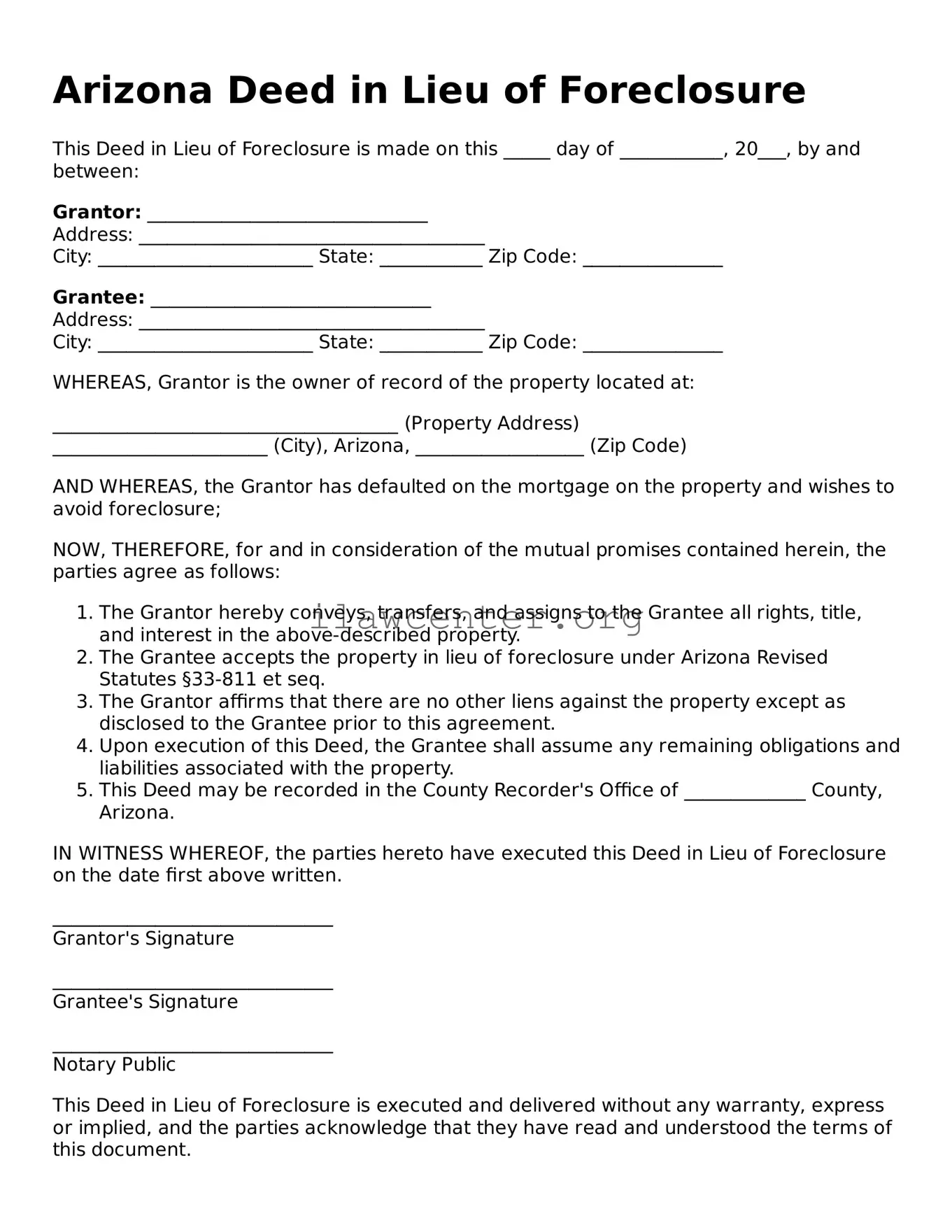 Attorney-Verified  Deed in Lieu of Foreclosure Document for Arizona