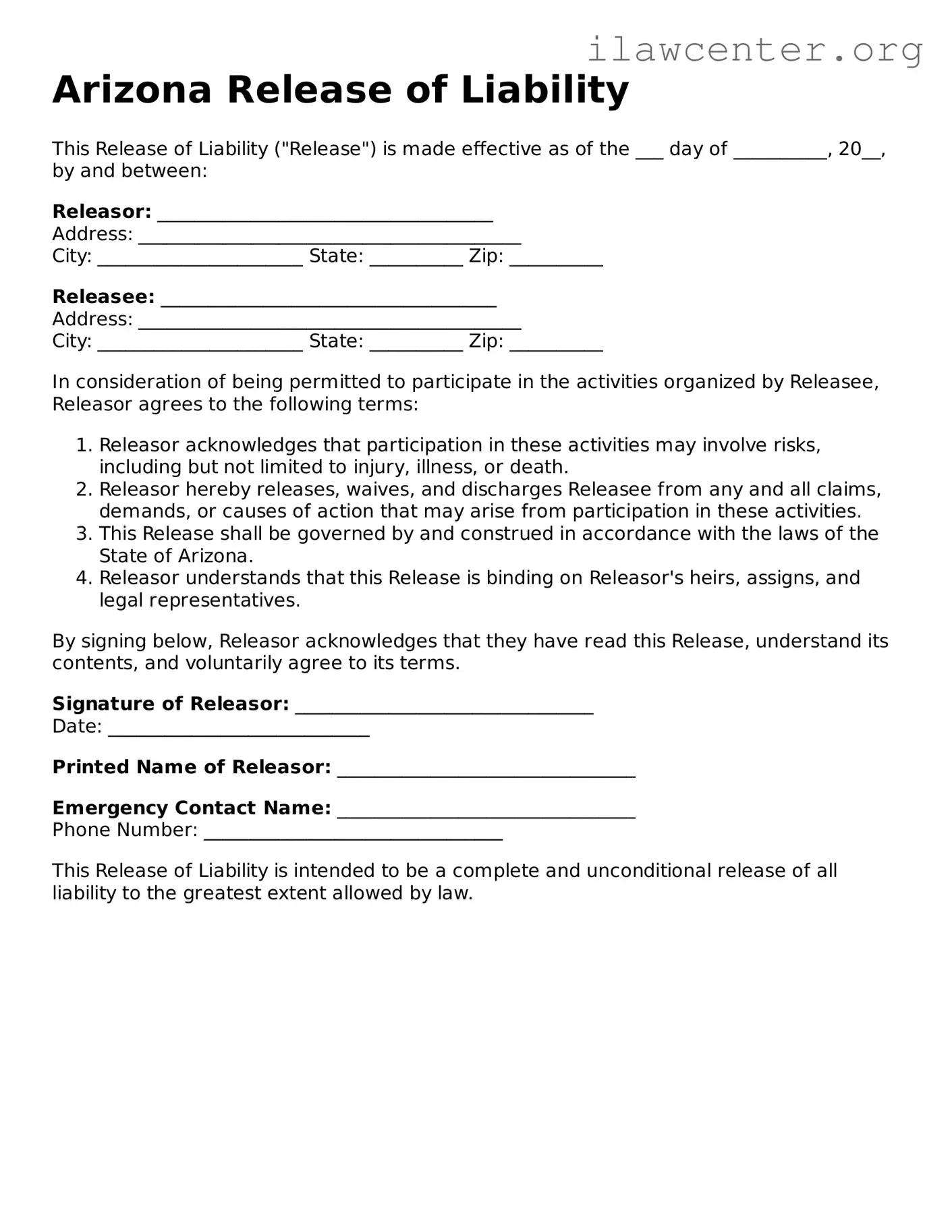 Attorney-Verified  Release of Liability Document for Arizona