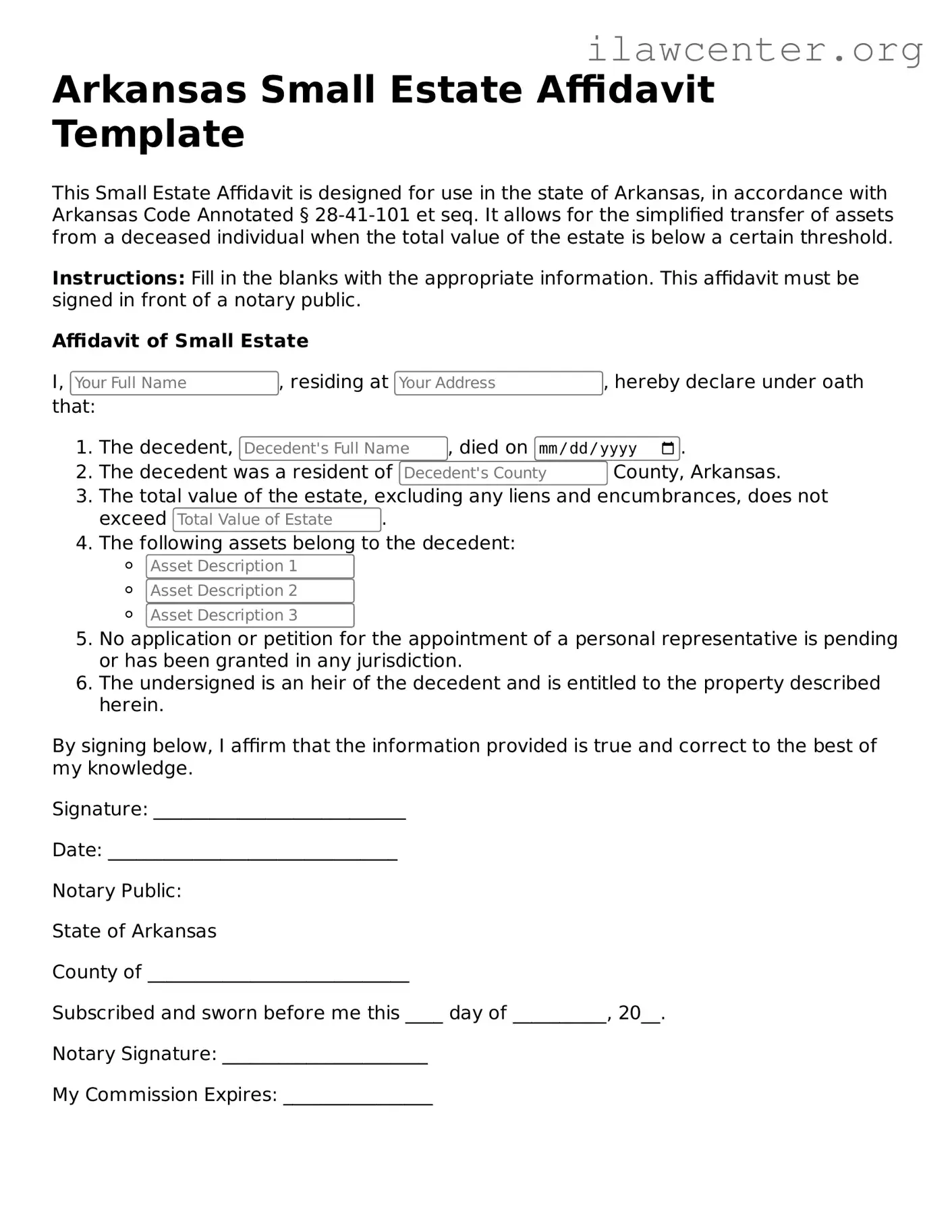 Attorney-Verified  Small Estate Affidavit Document for Arkansas