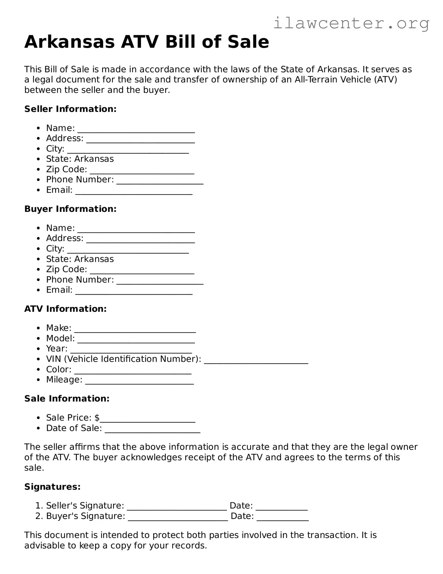 Attorney-Verified  ATV Bill of Sale Document for Arkansas