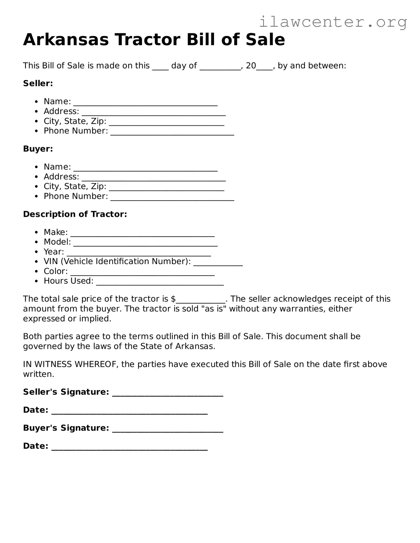 Attorney-Verified  Tractor Bill of Sale Document for Arkansas