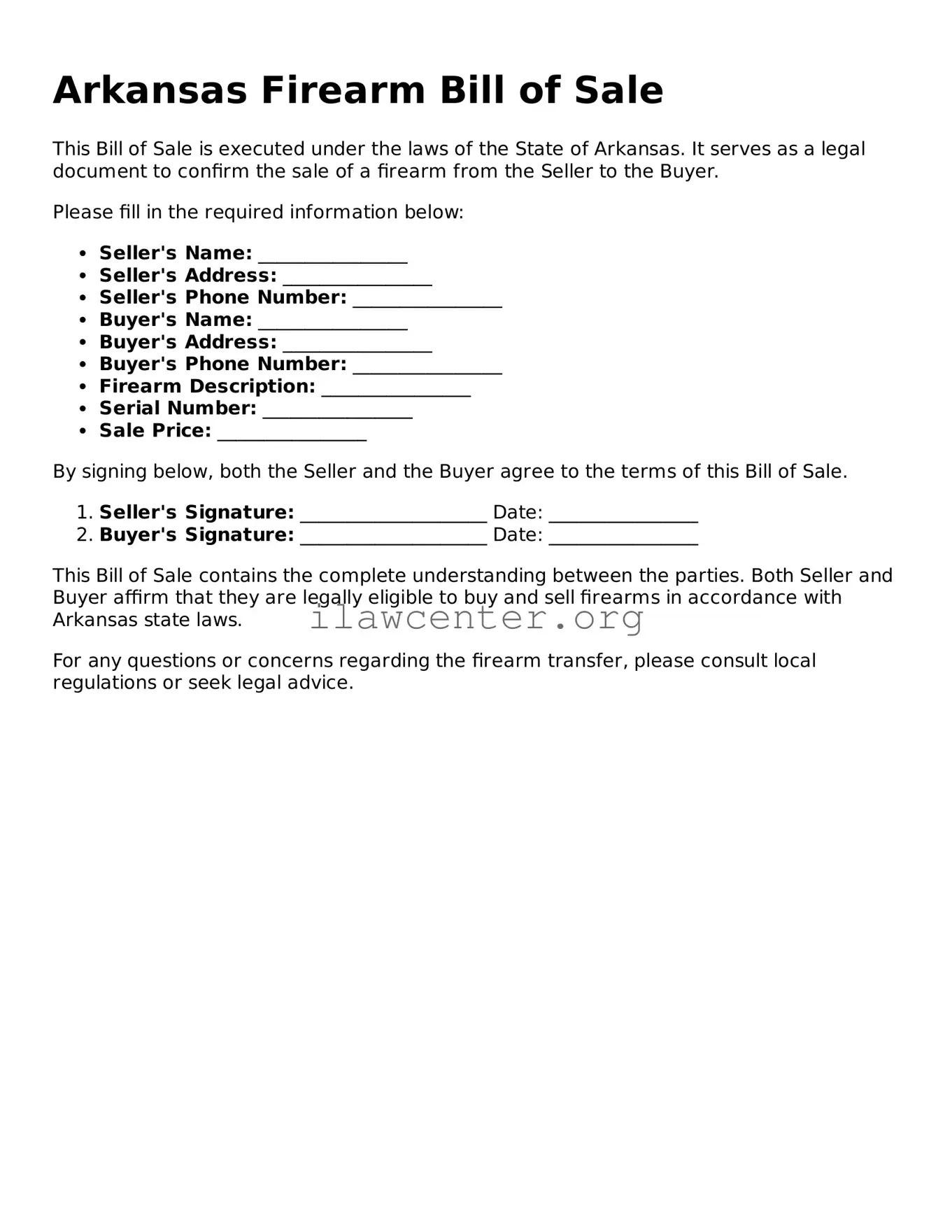 Attorney-Verified  Firearm Bill of Sale Document for Arkansas