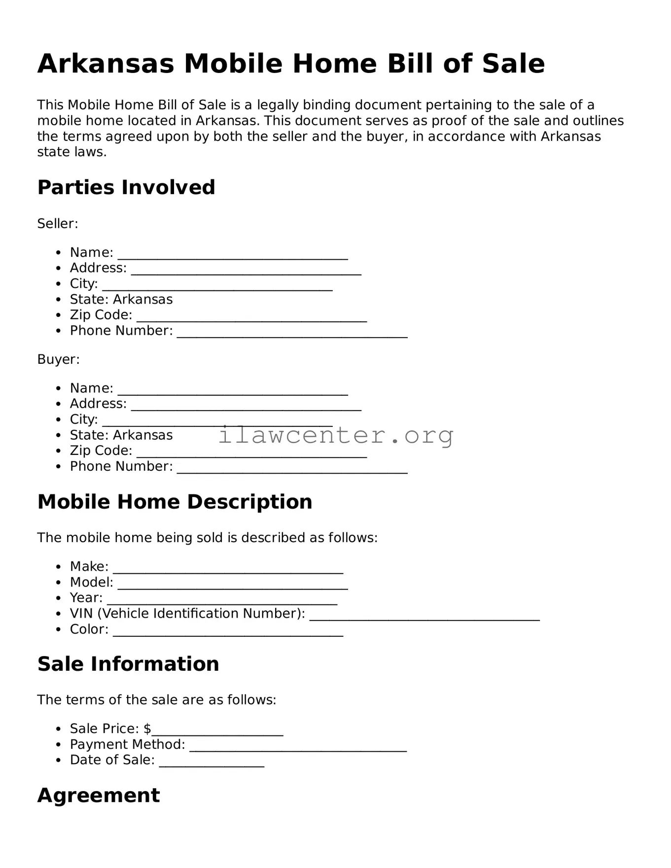 Attorney-Verified  Mobile Home Bill of Sale Document for Arkansas
