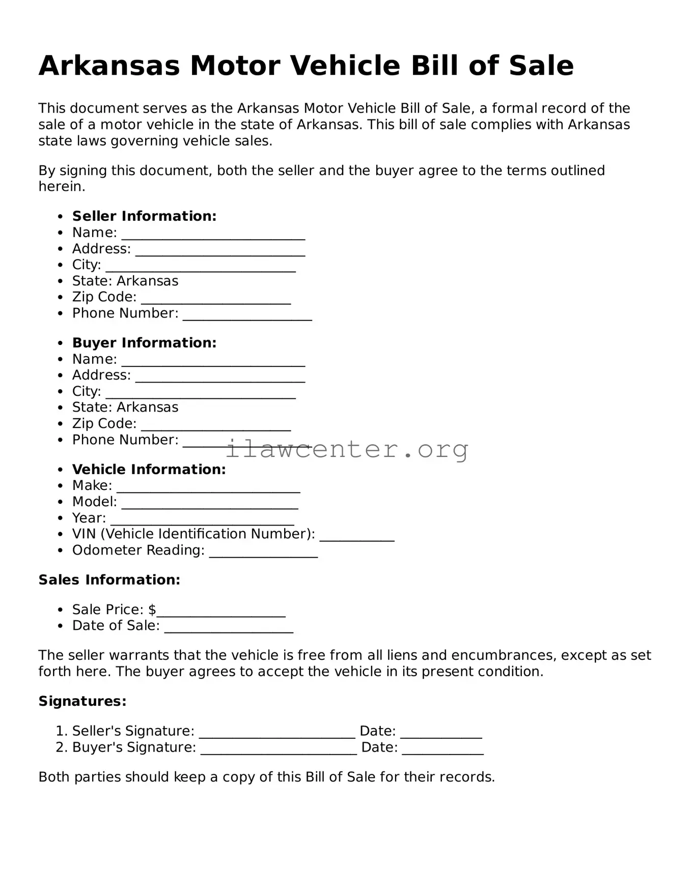Attorney-Verified  Motor Vehicle Bill of Sale Document for Arkansas