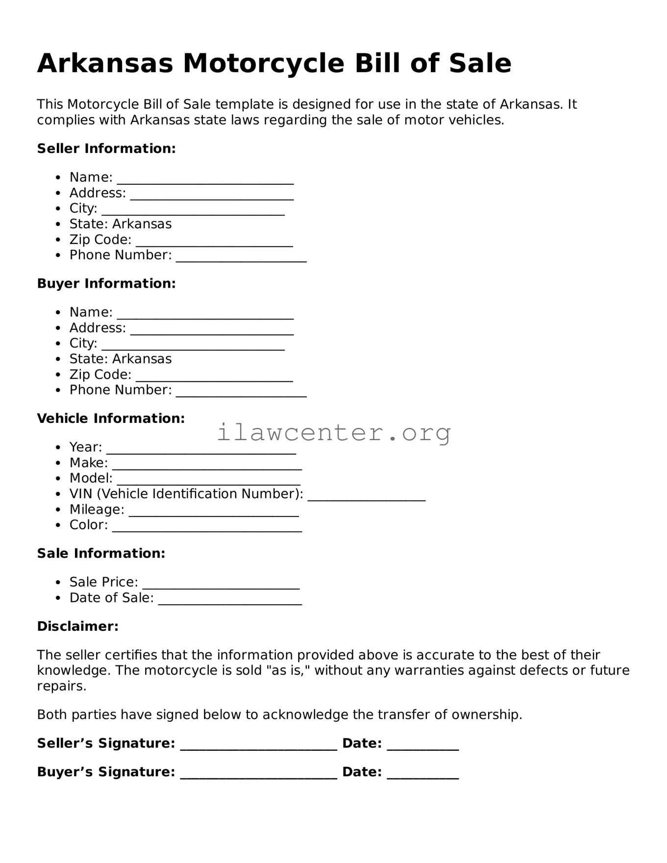 Attorney-Verified  Motorcycle Bill of Sale Document for Arkansas