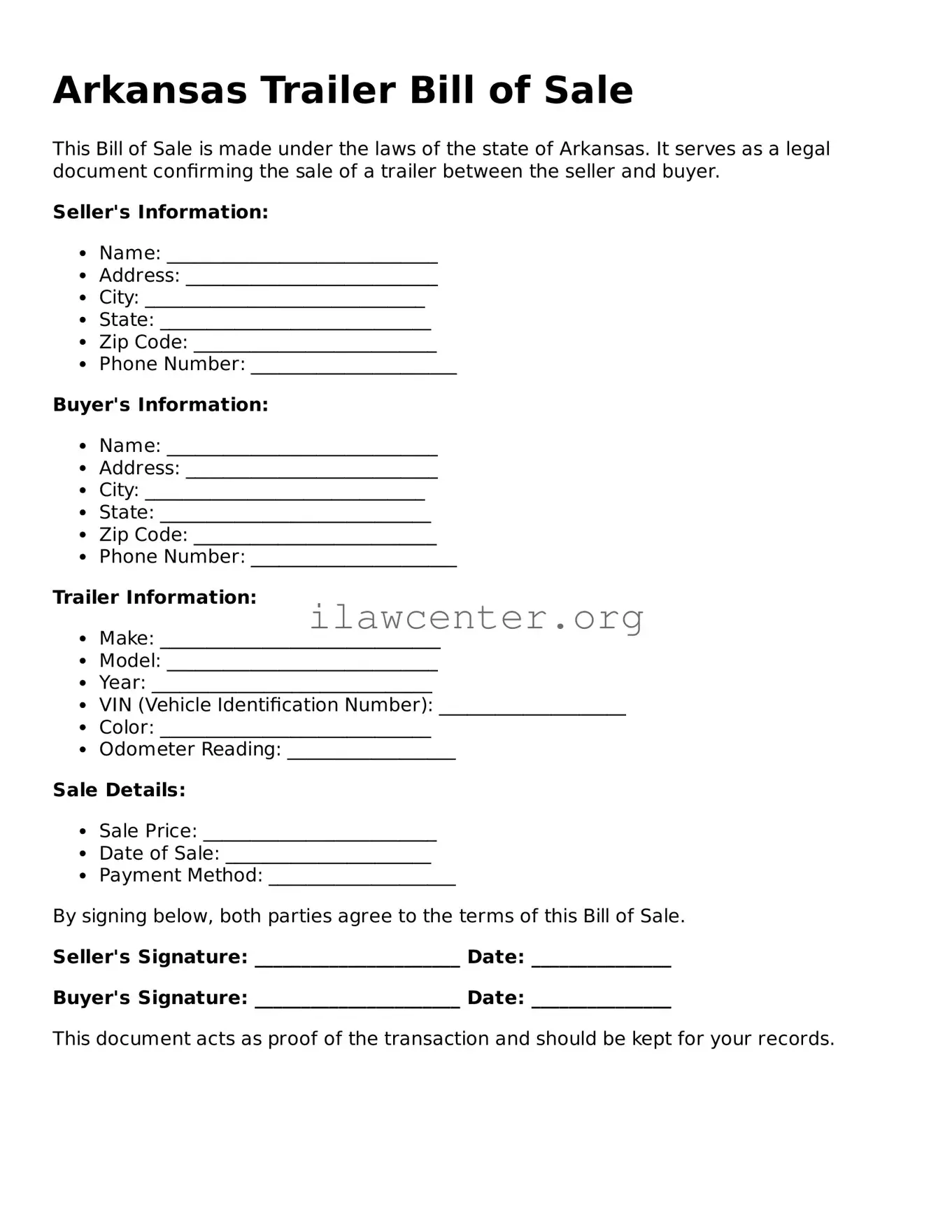 Attorney-Verified  Trailer Bill of Sale Document for Arkansas