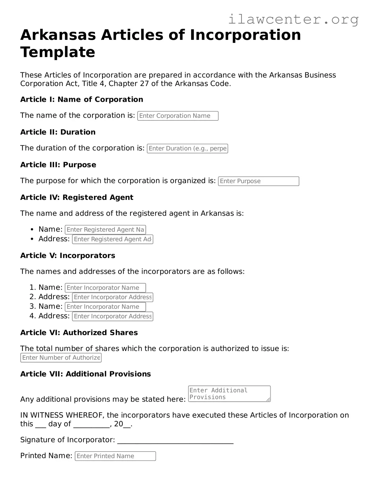 Attorney-Verified  Articles of Incorporation Document for Arkansas