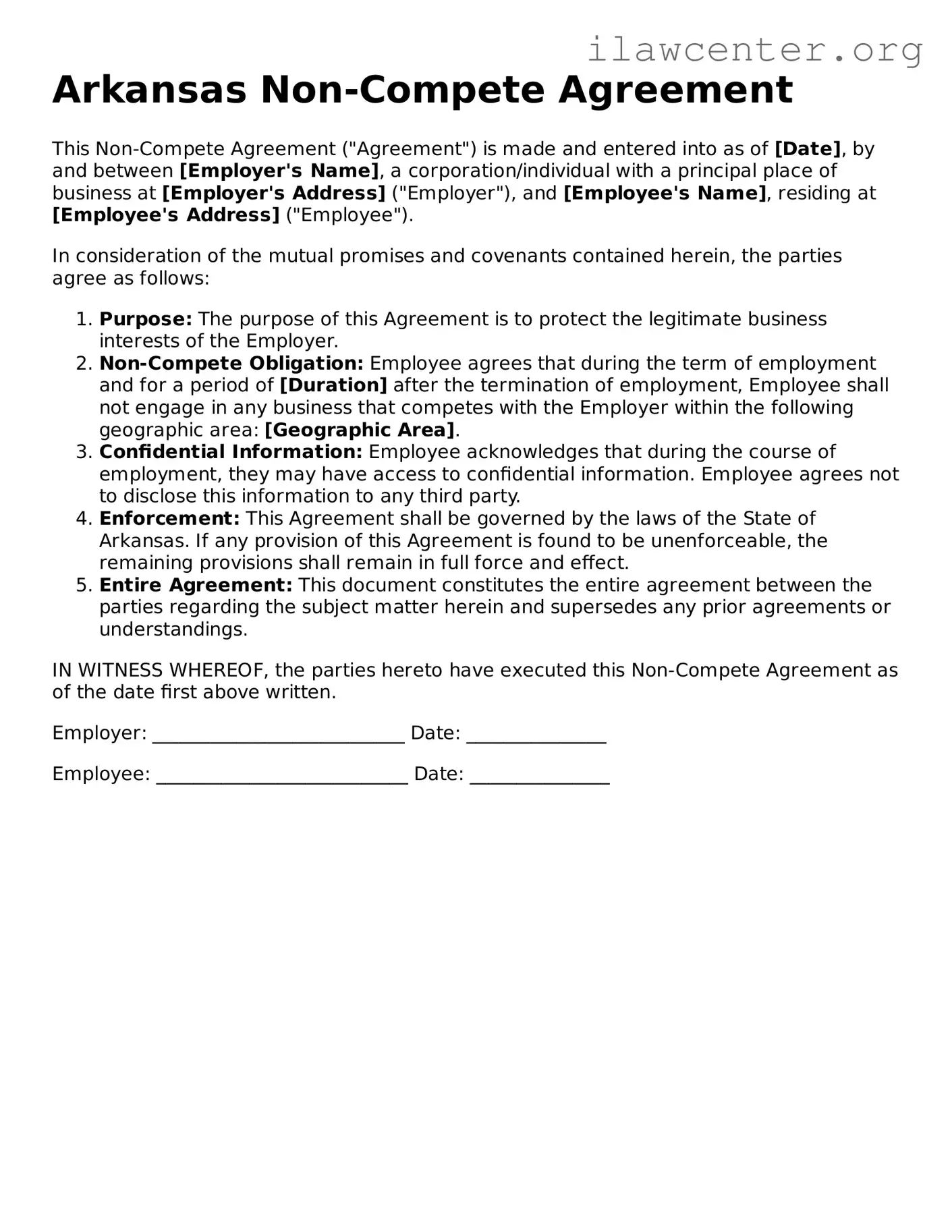 Attorney-Verified  Non-compete Agreement Document for Arkansas