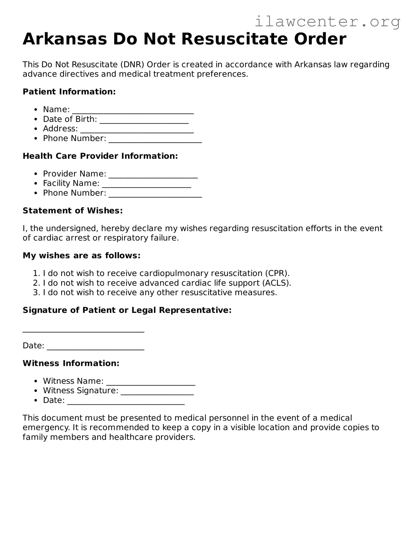 Attorney-Verified  Do Not Resuscitate Order Document for Arkansas