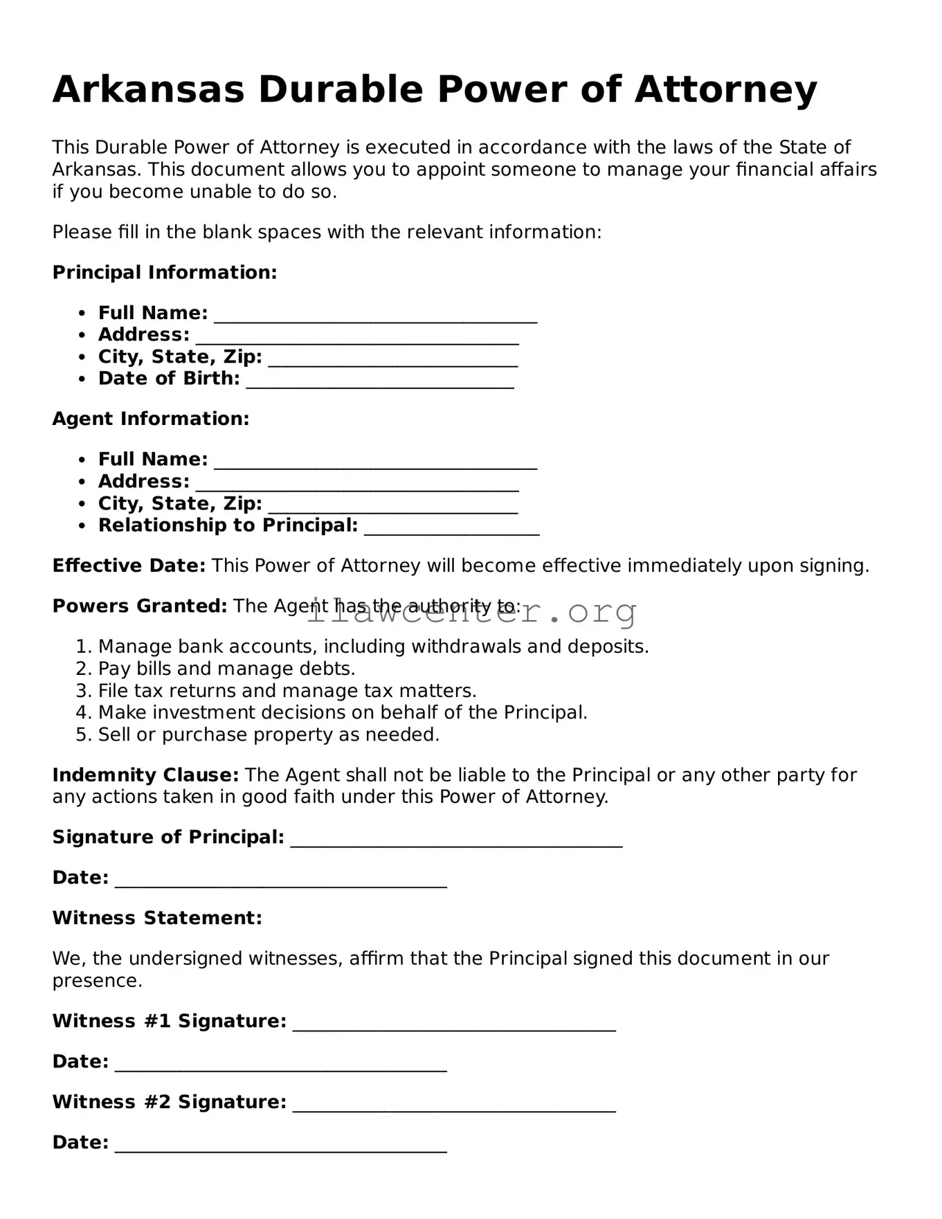 Attorney-Verified  Durable Power of Attorney Document for Arkansas