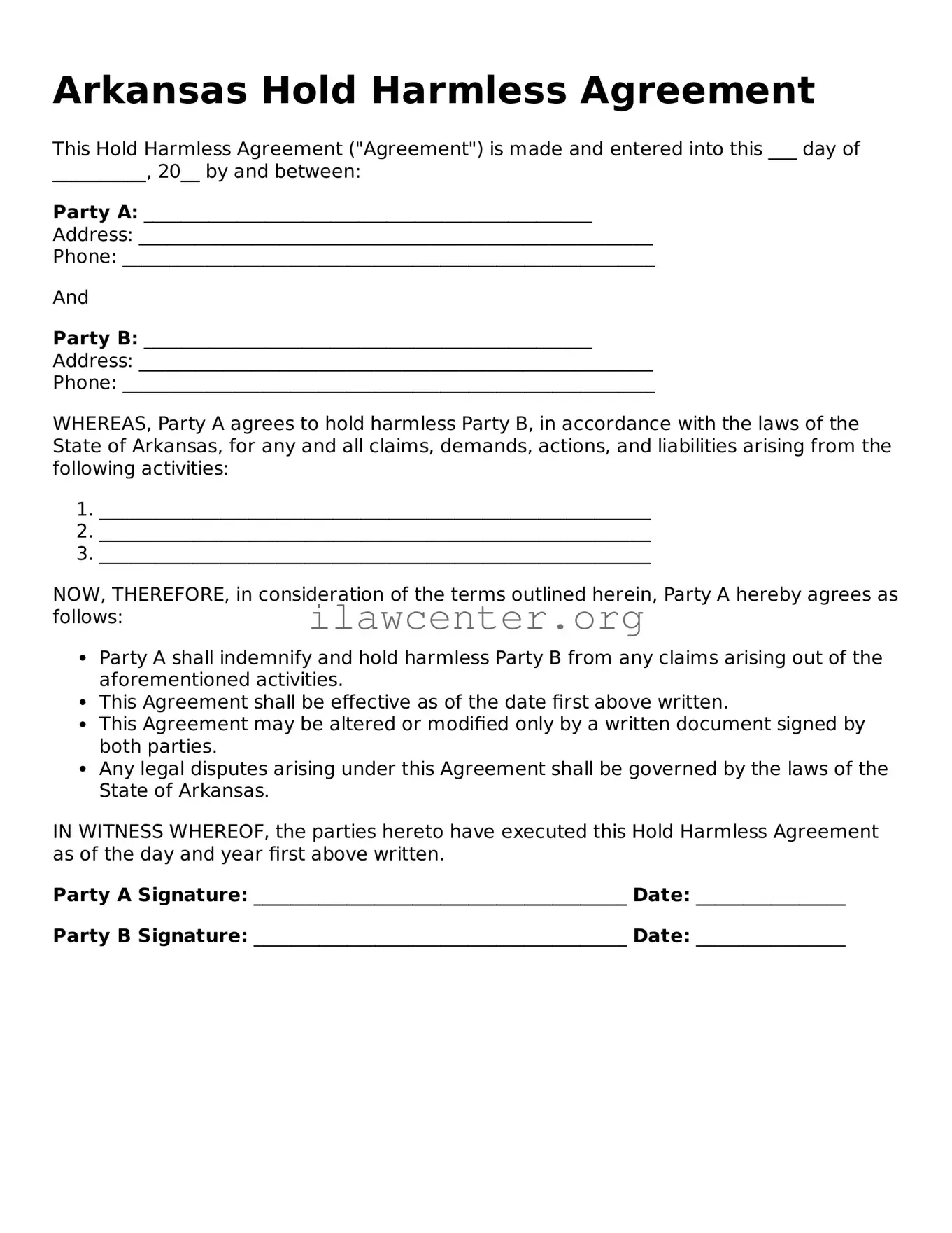 Attorney-Verified  Hold Harmless Agreement Document for Arkansas