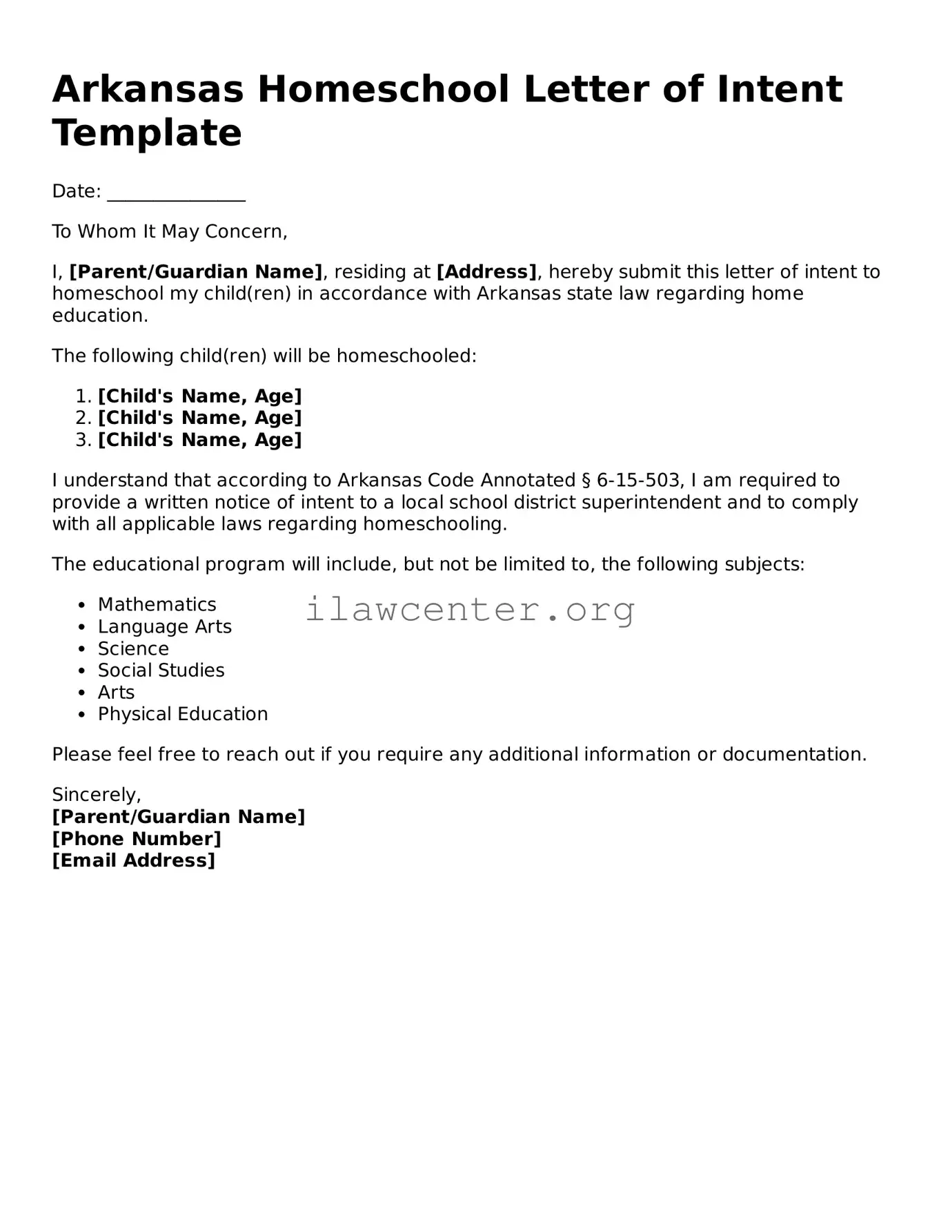 Attorney-Verified  Homeschool Letter of Intent Document for Arkansas