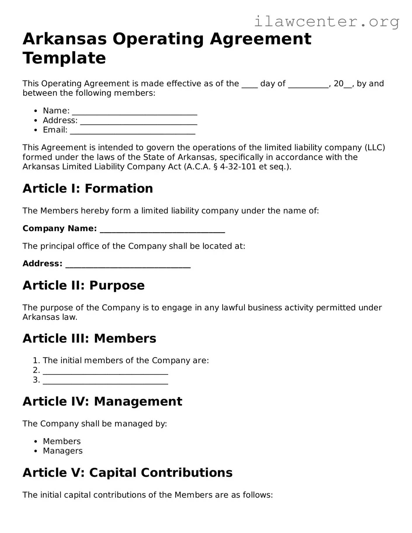 Attorney-Verified  Operating Agreement Document for Arkansas