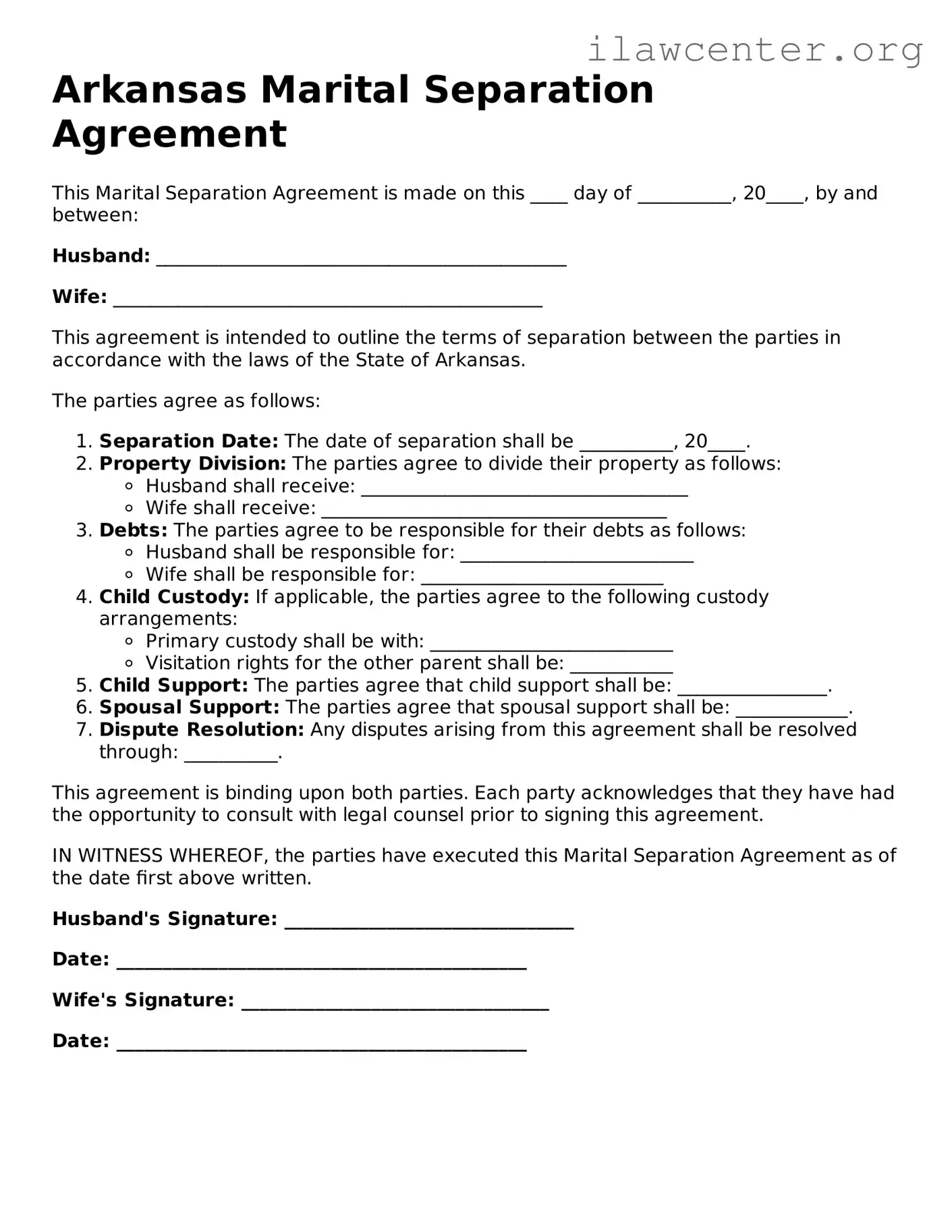 Attorney-Verified  Marital Separation Agreement Document for Arkansas